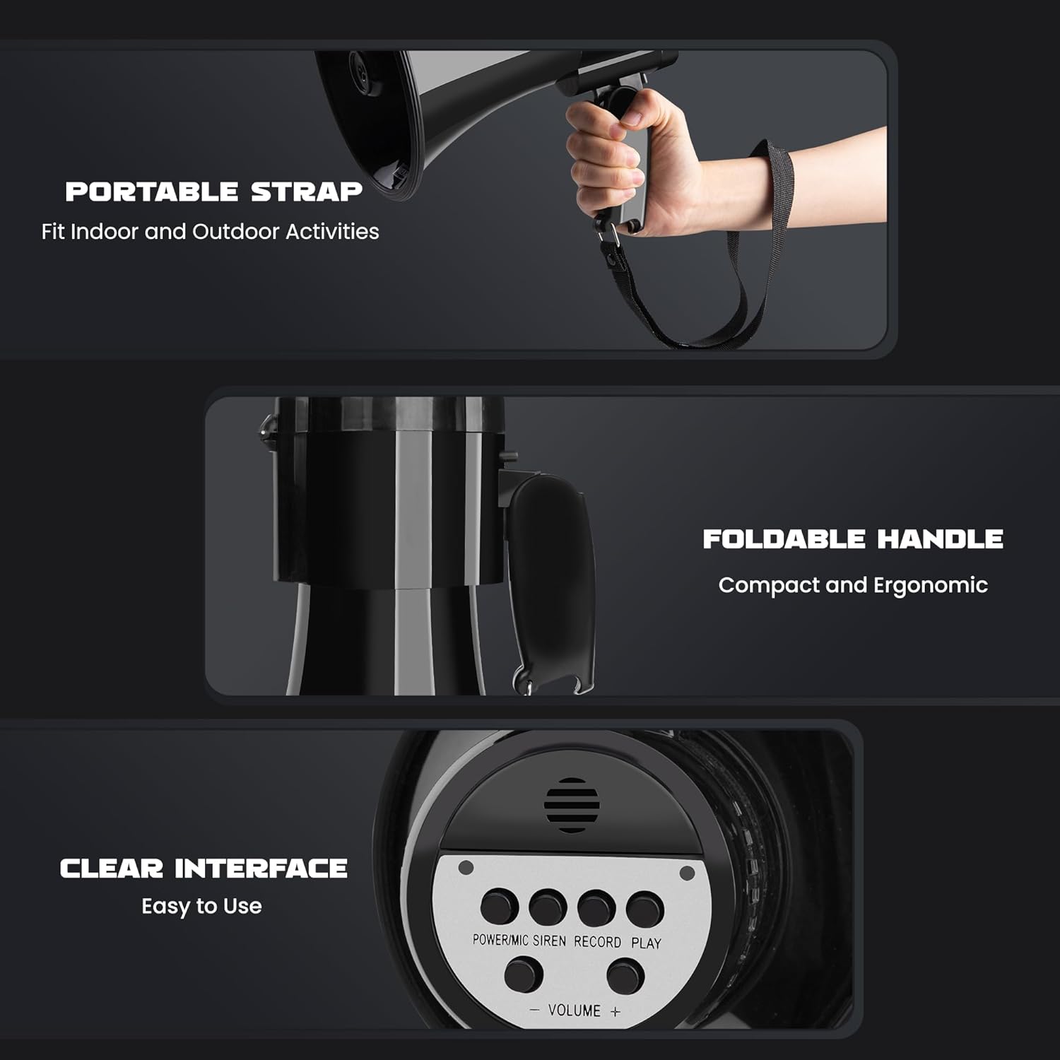 Megaphone with strap and foldable handle