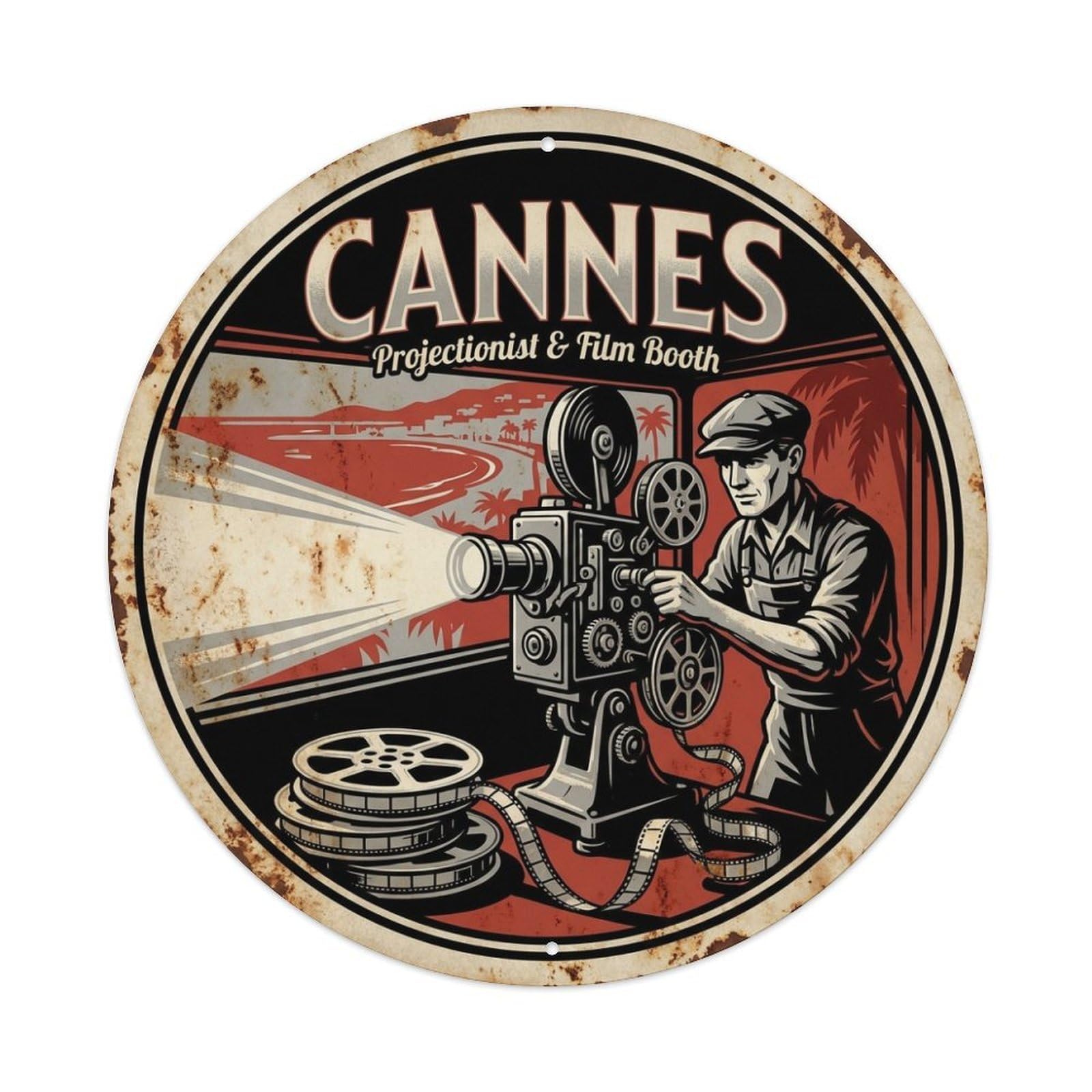 Projectionist Film Spools Cannes Riviera Coastal Travel Metal Tin Sign