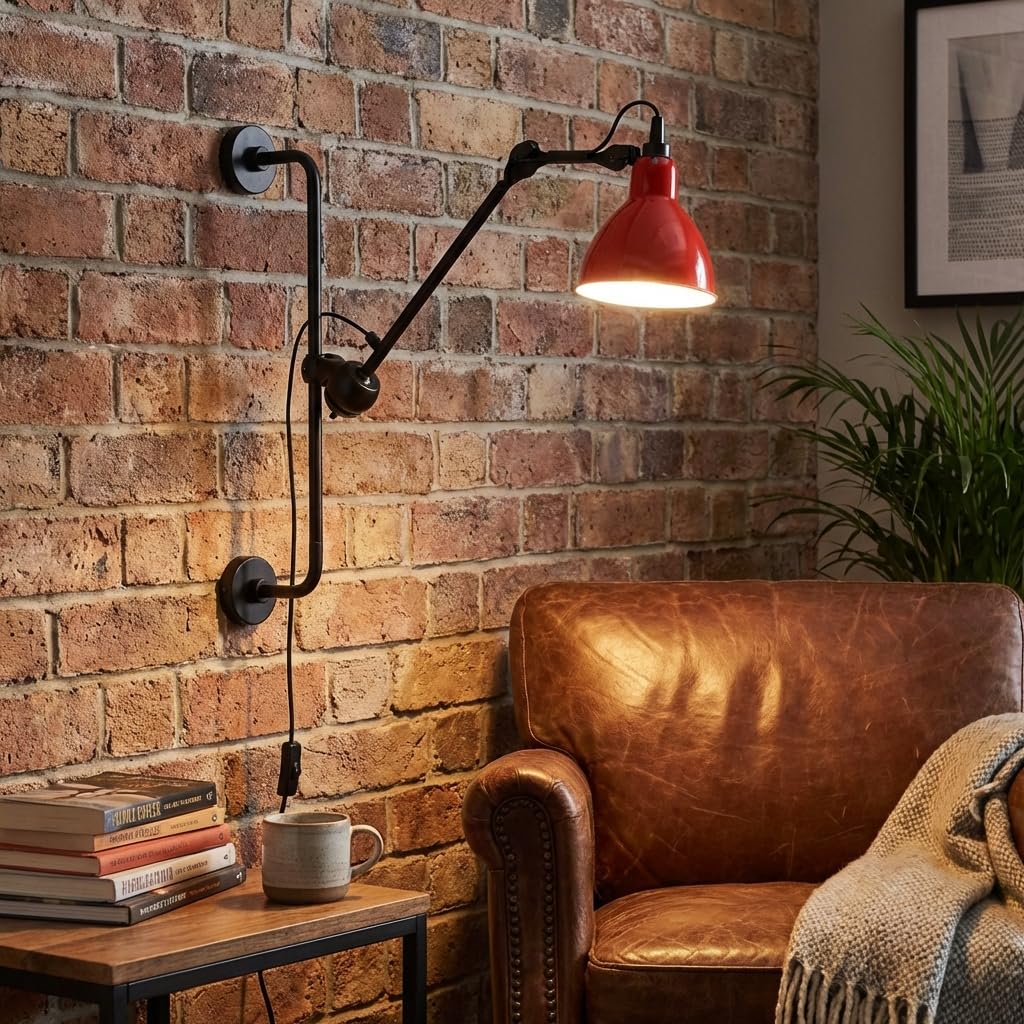 BARCRLONA LED Aplique de pared articulado industrial RUBY 210 con enchufe E27, lámpara de pared orientable 360°, brazo ajustable estilo loft para dormitorio, estudio, oficina, salón o restaurante
