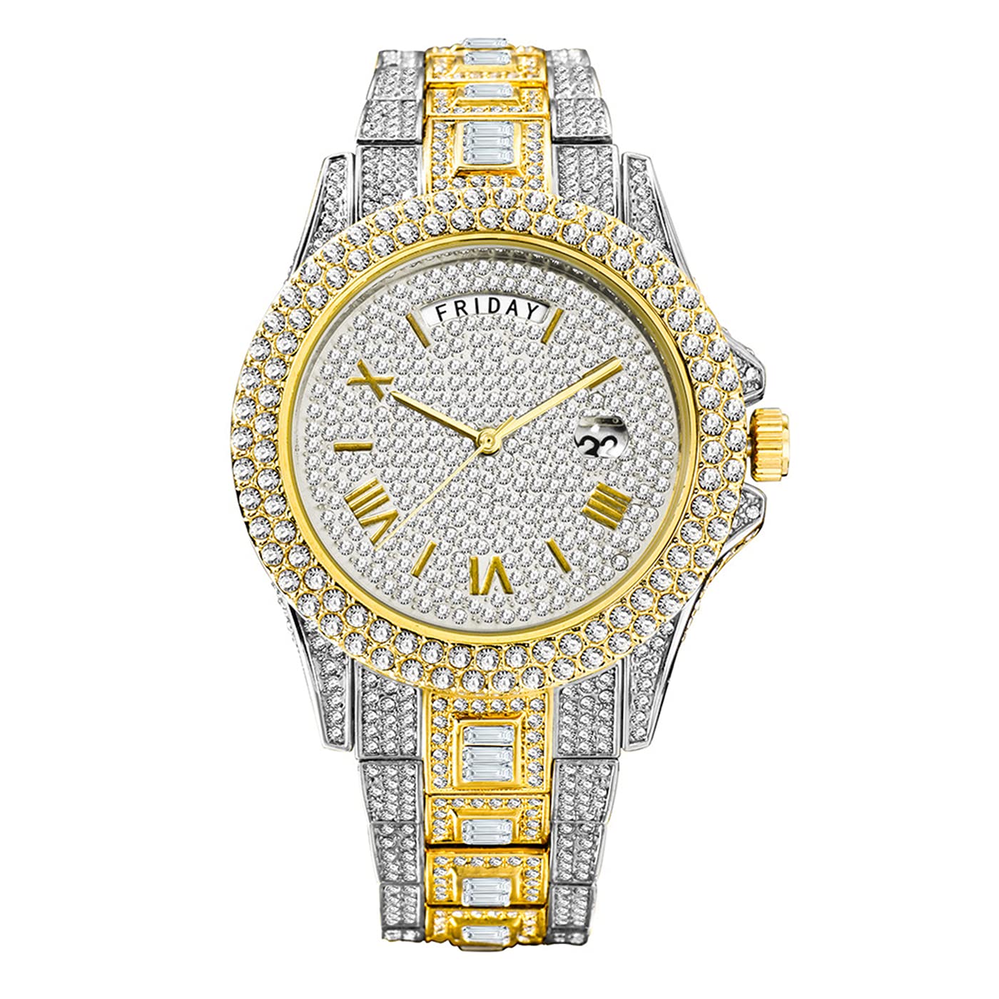 ICEDIAMOND Reloj de cuarzo con doble calendario de 43 mm, esfera redonda chapada en oro con fecha y visualización semanal, reloj de pulsera de diamantes de imitación para hombre, Mezclado, Moda