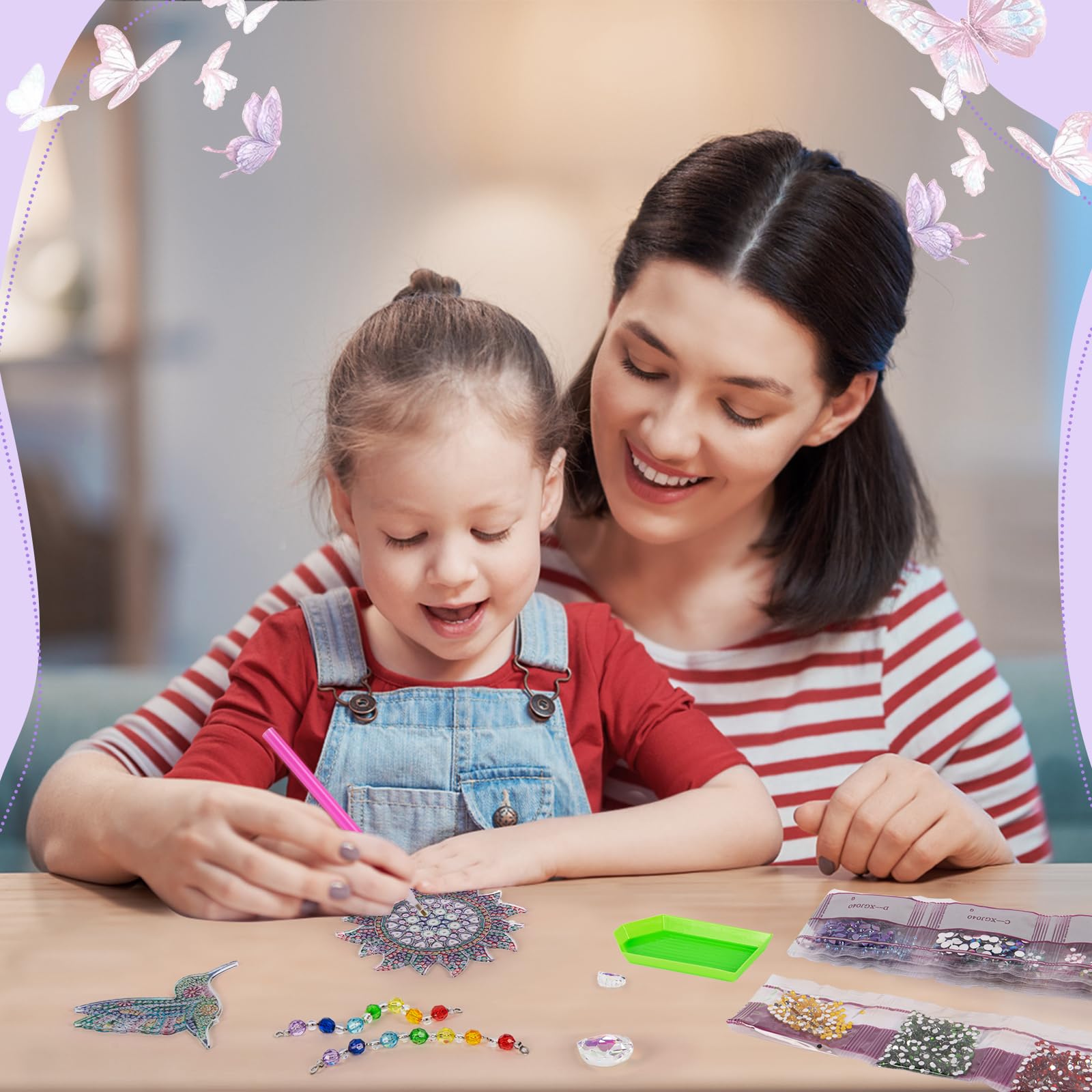 5D Diamond Painting Campanelli Eolici Per Bambini - Kit Creativo Con 2 Soggetti (Albero/Cuore/Luna E Farfalla/Colibrì/Sole), Decorazione Finestra E Giardino - 4