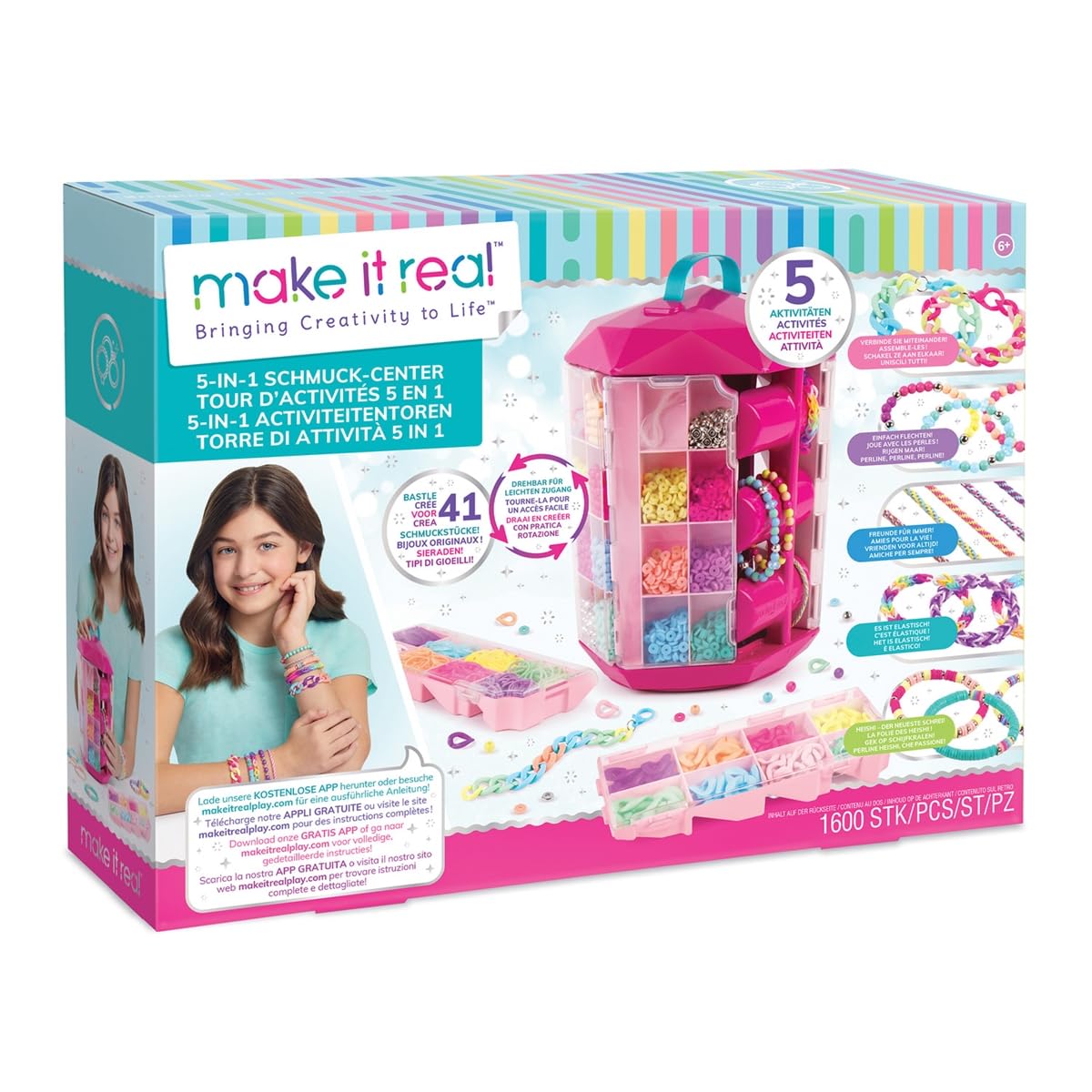 Make It Real 1754 Torre dei Gioielli 5 in 1 – Kit Creativo con 1600 Pezzi per Creare 40+ Gioielli – Braccialetti, Collane, Elastici e Perline – Con Vassoi Girevoli e Supporto Espositore