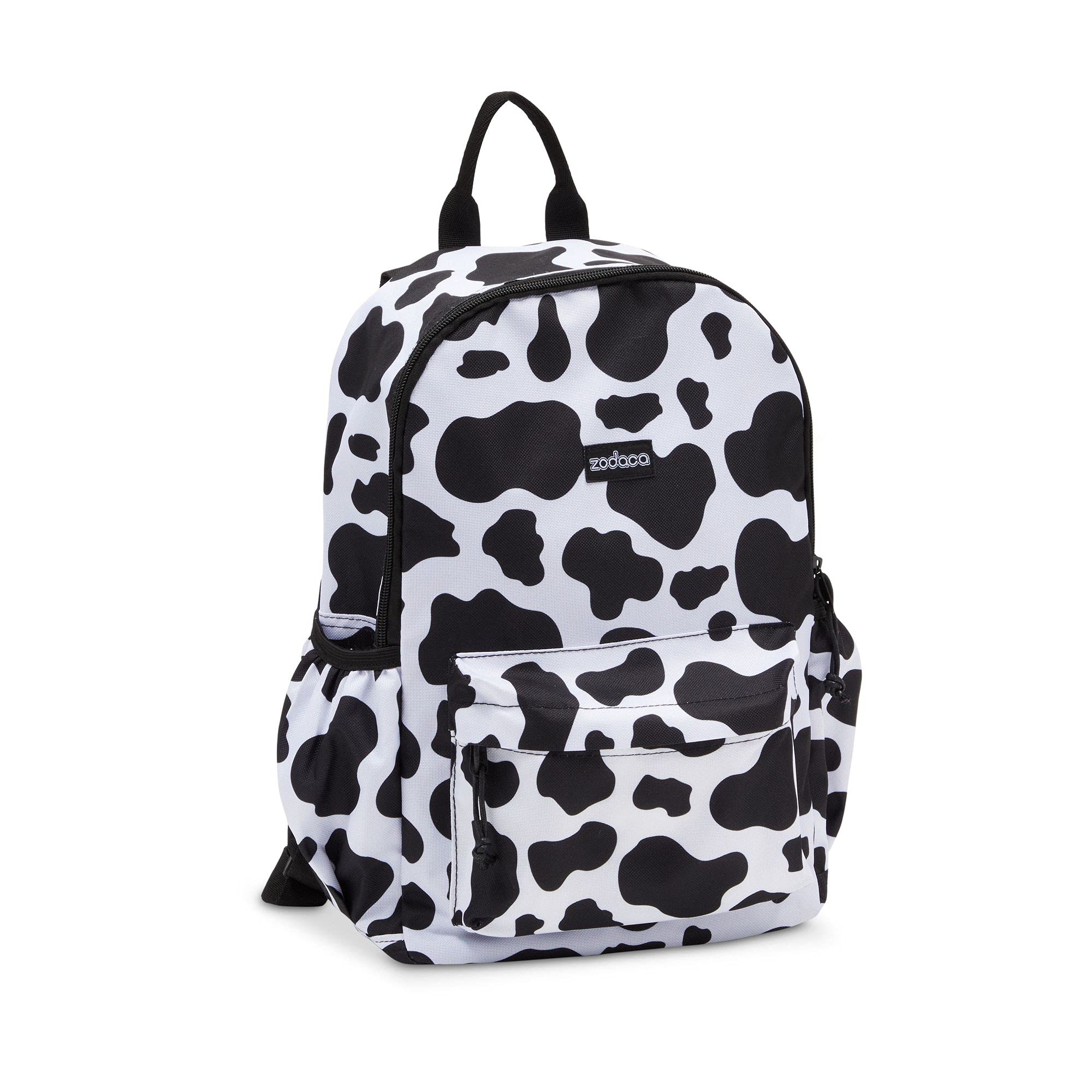 ZodacaCow Print Girls Backpack - 12.5 x 4.5 x 15 in, Black & White - Mini Backpack for Women with Adjustable Padded Straps & Side Pockets for School & Travel