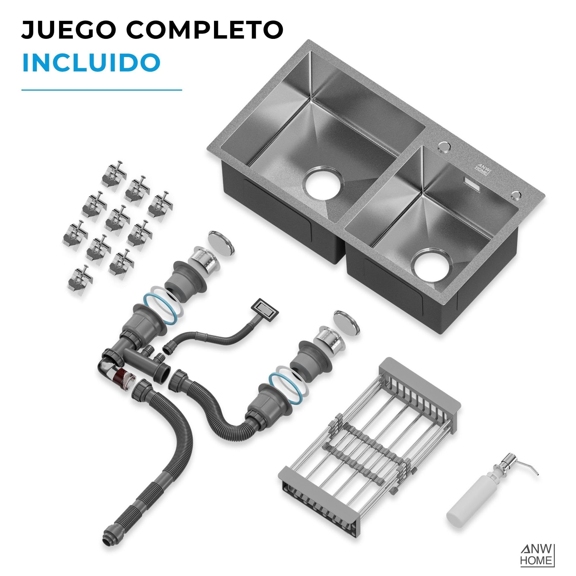 ANW HOME Fregadero Cocina Acero Inoxidable 2 Senos, Fregadero sobre Encimera 78x43 cm, Recubrimiento Nano, Grosor 3.0+1 mm, con Sifón, Dispensador y Cesta