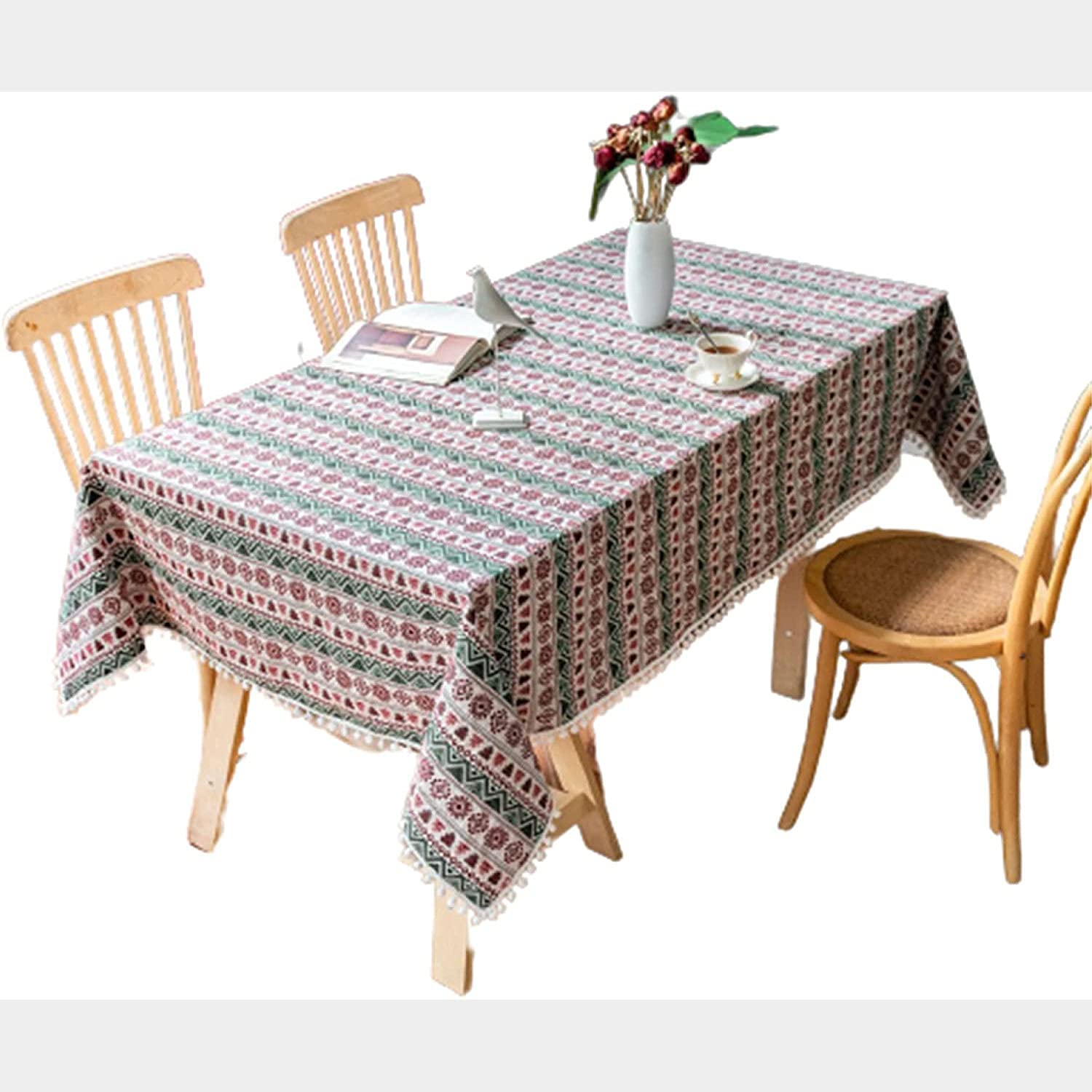 Nappe imperméable et antitache en coton lin à franges pour table rectangulaire