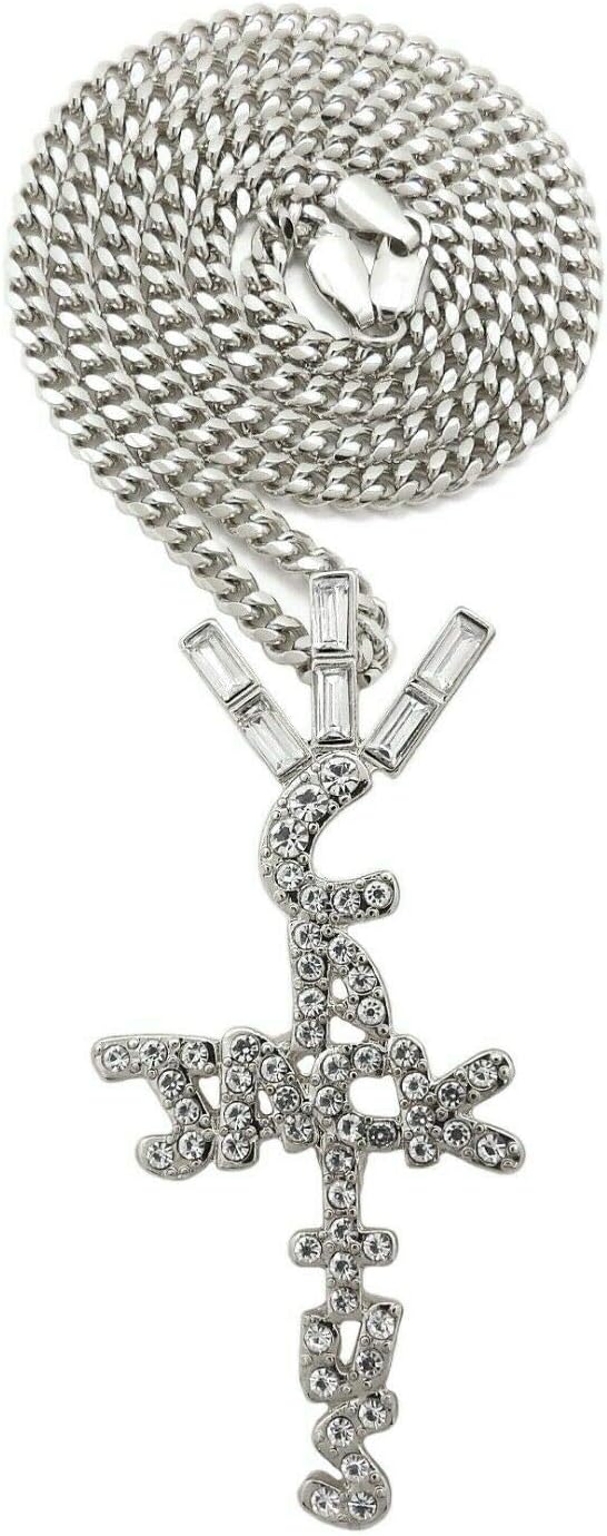 BLINGFACTORYHip Hop Iced Crystal Cactus Jack Cross Pendant & 3mm 24 Miami Cuban Chain Necklace