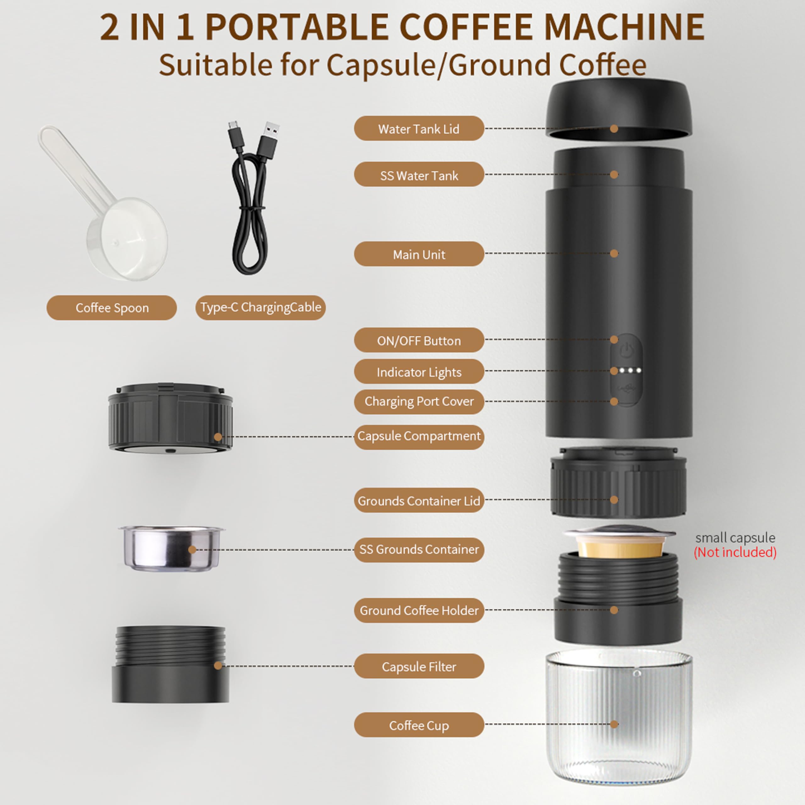 Cafetera eléctrica portátil 2 en 1, cafetera de viaje para camping, cafetera de coche con USB-C, compatible con café en polvo y cápsulas para autocaravana, senderismo, oficina
