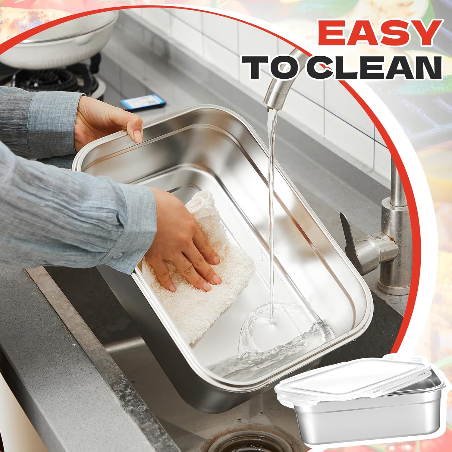 2pcs Large Stainless Steel Marinating Containers with Lids, Food Storage Containers for Refrigerator, Leak-proof & Stackable for Meal Prep,Turkey, Meat, Bacon(284oz/8.4l + 203oz/6l) - Image 4