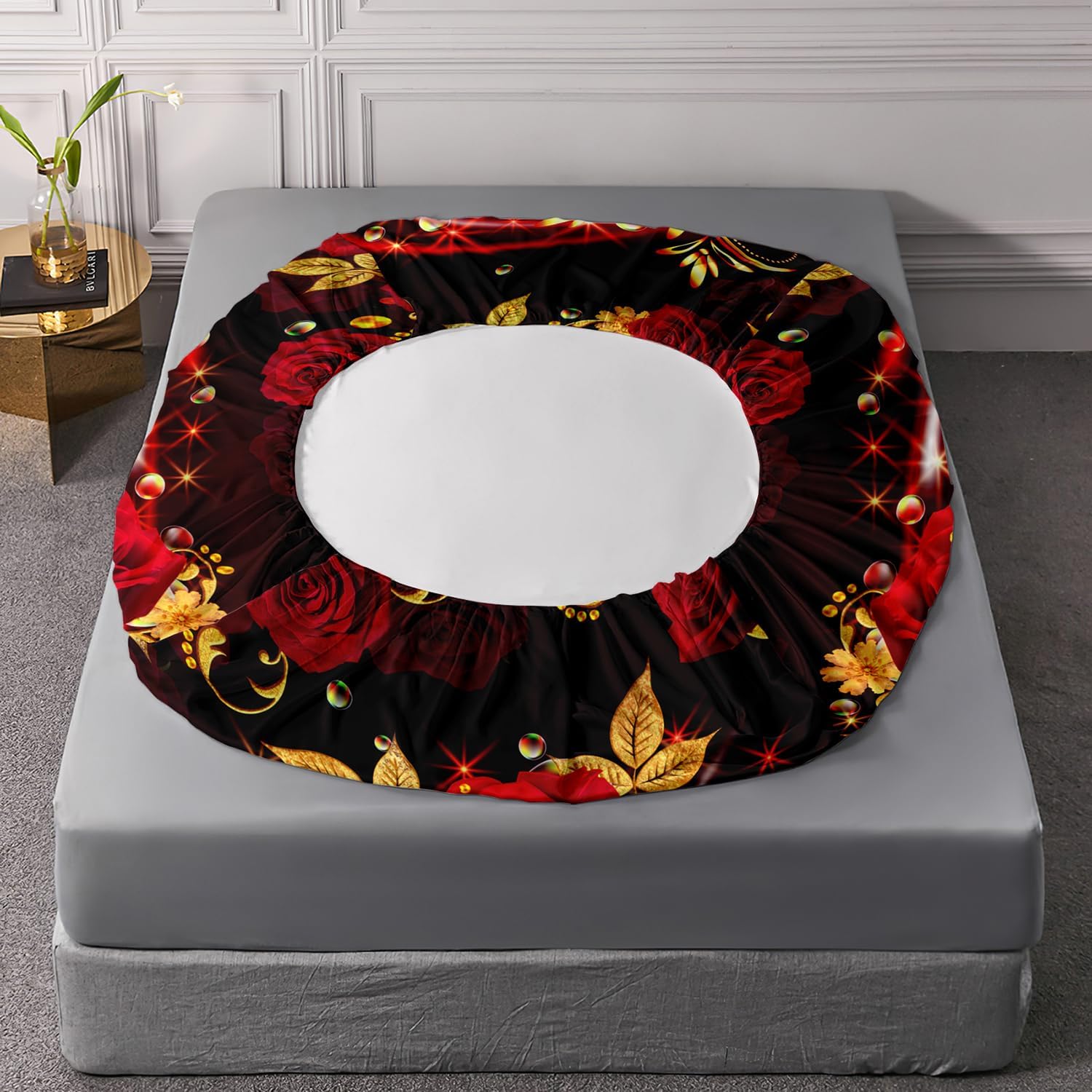 AILONEN Red Rose Fitted Sheet Set Twin Size, Red and Gold Floral Bed Sheet Set,Romantic Rose Flower Sheet Set 3 Pieces, 1 Fitted Sheet and 2 Pillowcases - Image 5