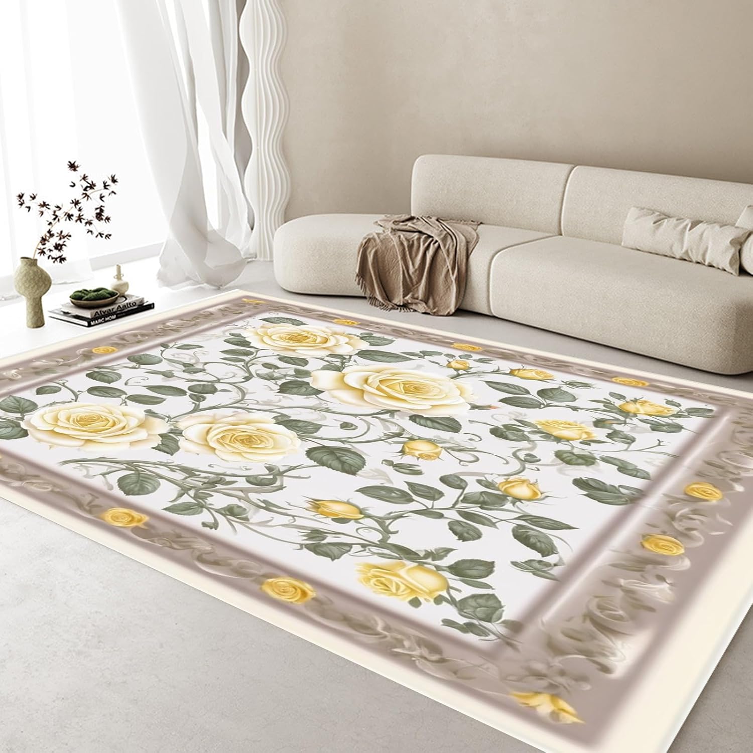 3 * 4ft Purple and Pink Rose Area Rugs Machine Washable Rugs Low Pile Rug Non-Shedding Area Rug Floral Carpet Artistic Carpet for Living Room Bedroom Dining Room Kitchen Indoor Entryway