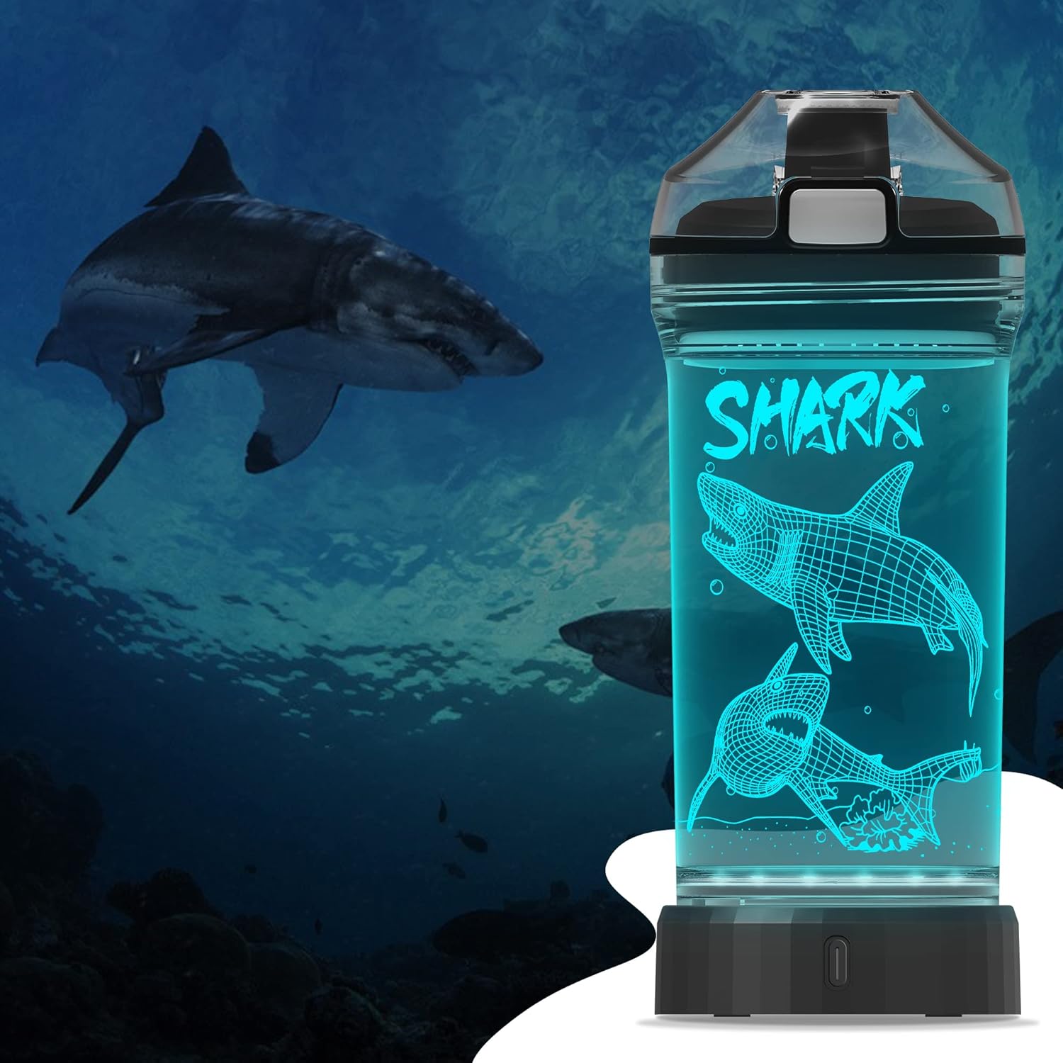 YuanDian Shark Gifts, Light Up Kids Water Bottle with 3D Ocean Animal Shark Design- 14 OZ Tritan BPA Free - Cool Drinking Cups Gift for School Kids Baby Boy Girl Child Christmas Holiday