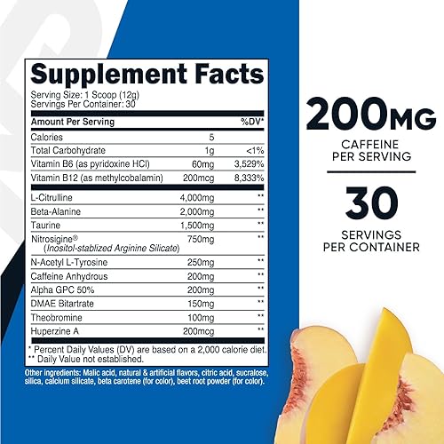 Miniatura 2 de Nutricost Polvo complejo pre-entrenamiento (30 porciones, mango melocotón) - Suplemento preentrenamiento con beta-alanina, taurina y aminoácidos