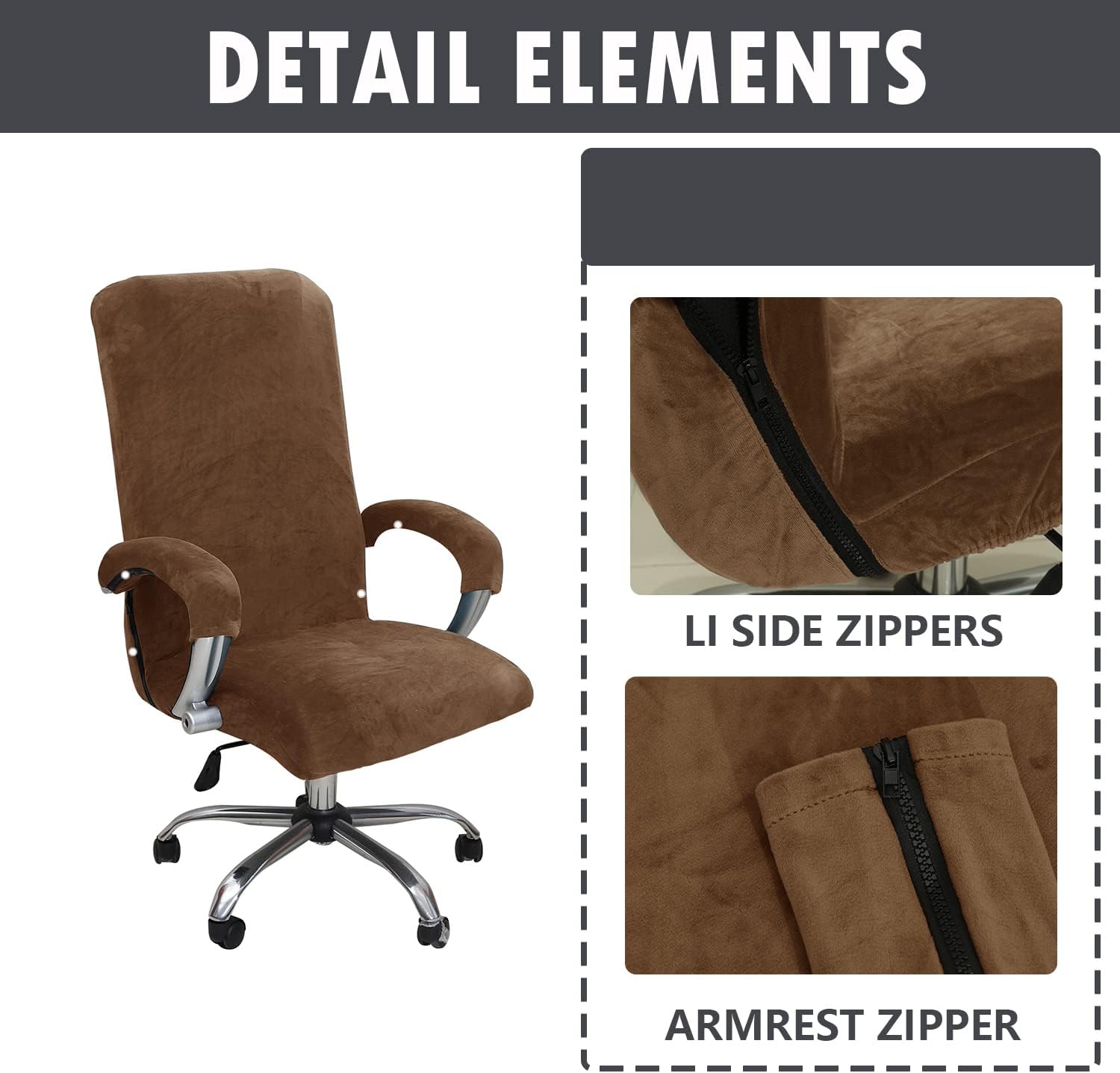 Velvet Plush Stretchable Office Desk Chair Cover - Cat Proof Elastic Comfy Protector for Ergonomic Office Chair with Wheels and Armrests, Fits Mesh and Executive Office Chairs, Removable, Brown, XL