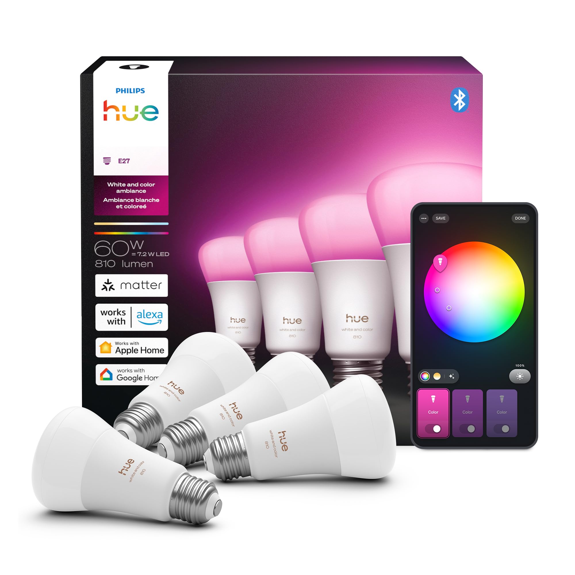 Philips Hue Smart LED A19 Bulb 4-Pack, White Color Ambiance, E26 Base, 7.2W, Full Spectrum Light 1000K-20000K, 810 Lumens, Dimmable, Works with Alexa, Google,& Apple Home Chromasync 4 Pack