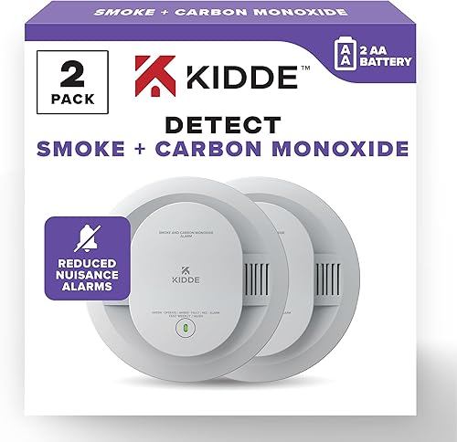 Kidde Detector de humo y monóxido de carbono, funciona con pilas AA, indicadores de luz de advertencia LED, paquete de 2