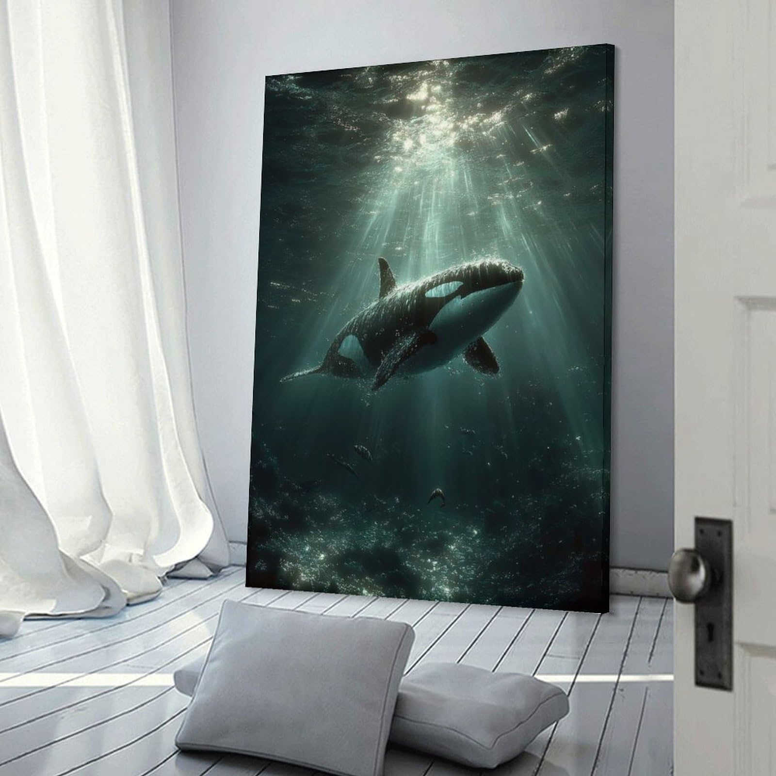 Junmoney Orca Whale Swimming Underwater with Sunbeams Canvas Wall Picture, 20x30inch(50x75cm), for Wall Displays, Bedrooms Or Room Updates, Wall Decor Suited to Curated Displays