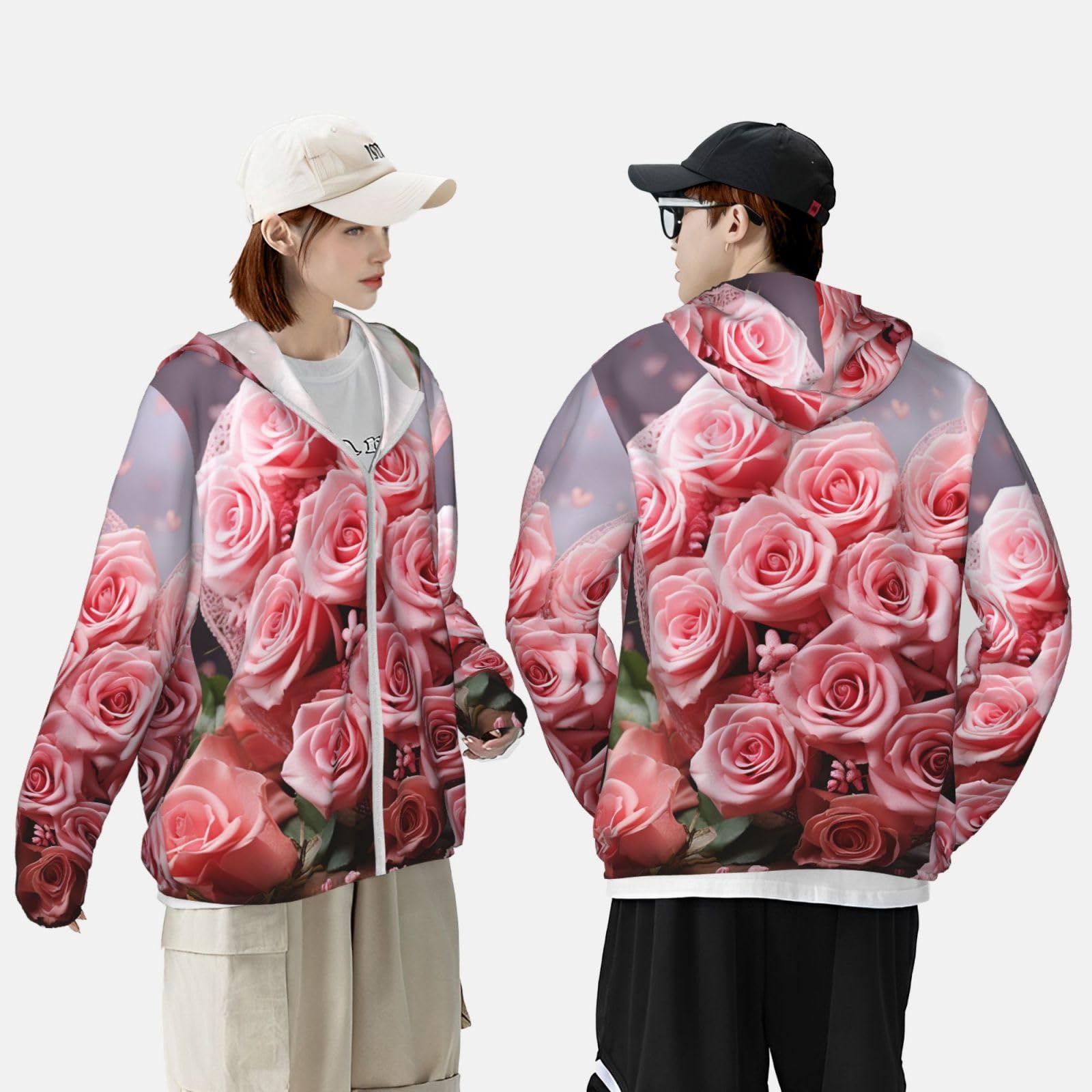 NONHAI Men's Sun Protection Jacket UPF 50+ Full Zipper Long Sleeve UV Hoodie Shirt Heart Roses Women's Outdoor Jacket