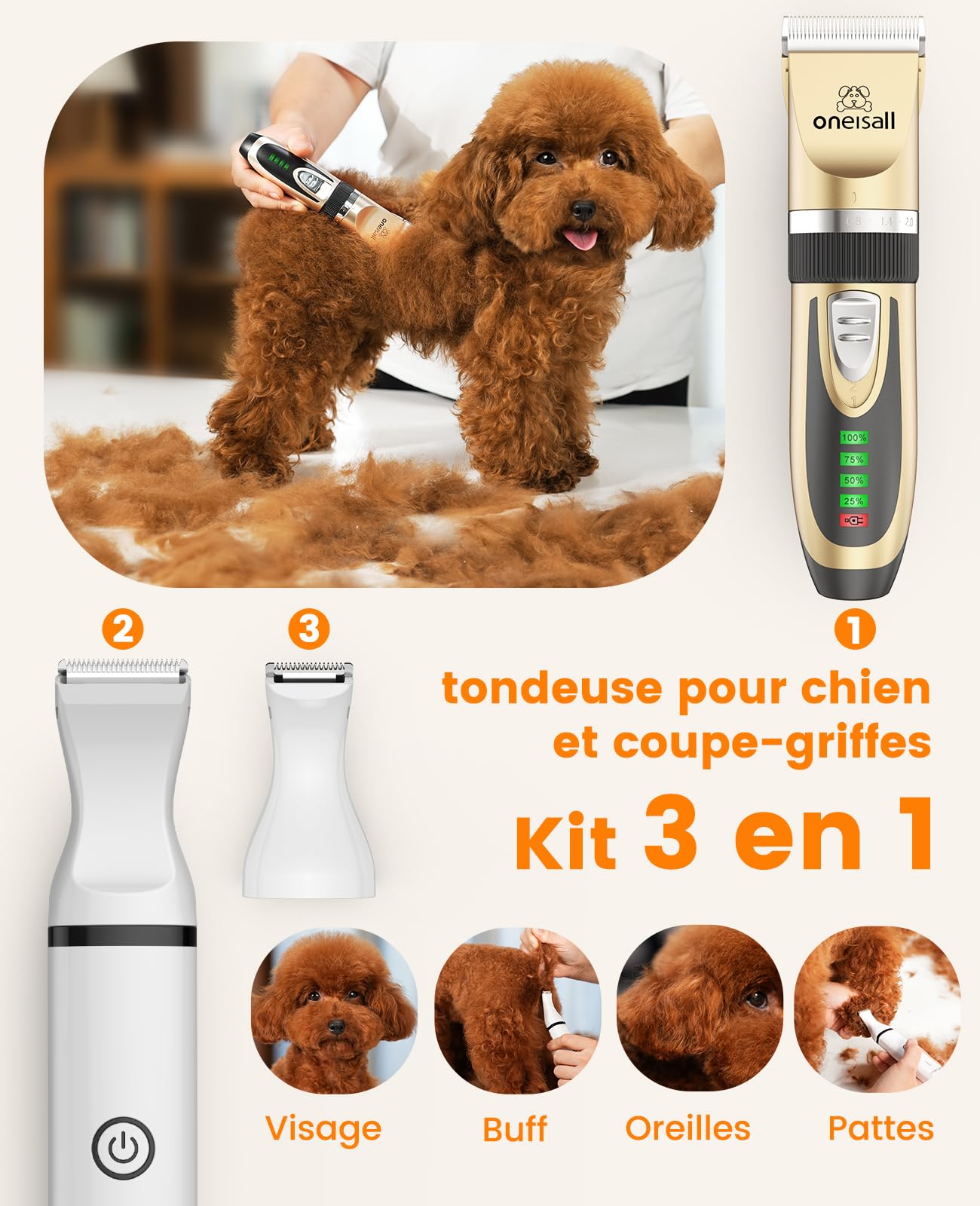 Tondeuse pour chiens et tondeuse pour pattes oneisall, kit 3 en 1, silencieuse, sans fil, pour le toilettage des animaux, pour petits et grands chiens, chats et autres animaux