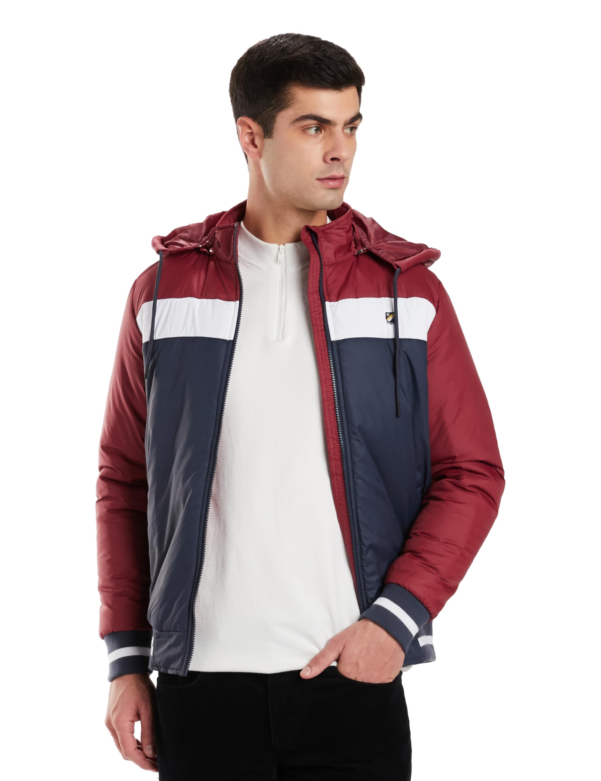 Amazon Brand - Symbol Polyester Men's Quilted Hooded Standard Length Bomber Jacket Maroon M, Medium