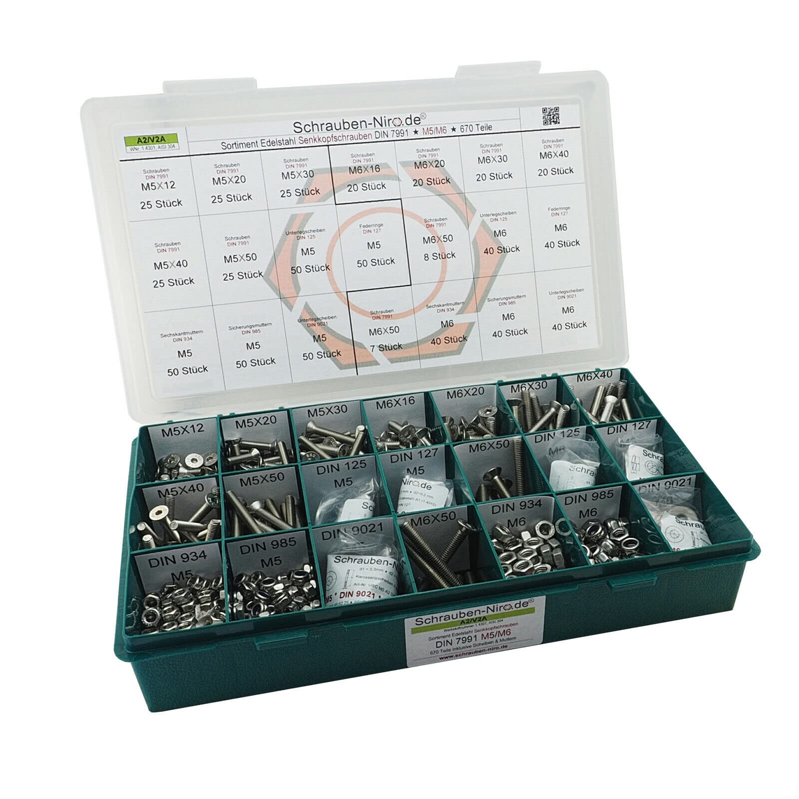 Sortiment M5 + M6 DIN 7991 (ISO 10642) Edelstahl A2 (V2A) Senkschrauben (Innensechskant) - Set bestehend aus Schrauben, Unterlegscheiben (DIN 125, 127, 9021) und Muttern (DIN 934, 985) - 670 Teile