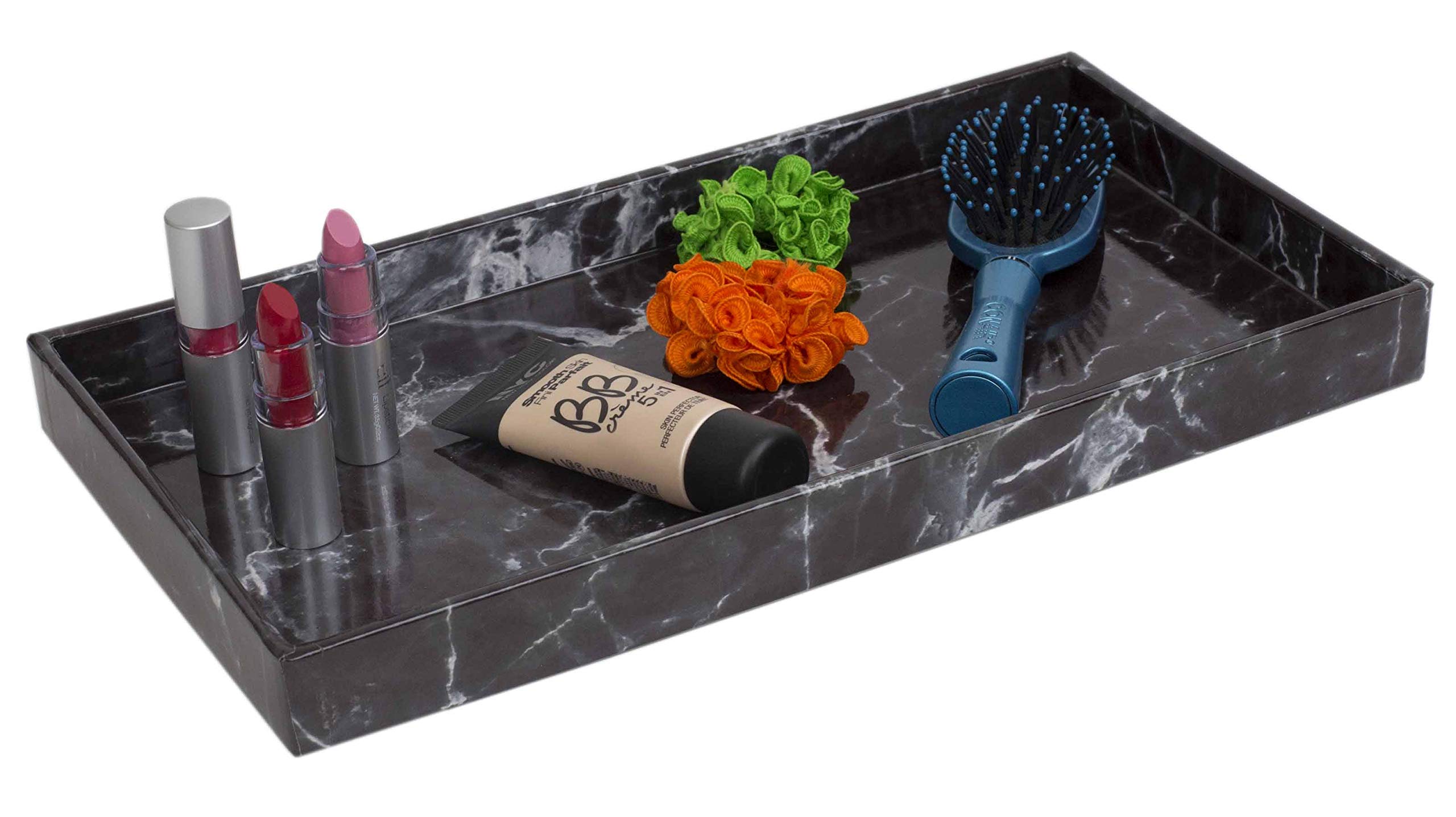 Home BasicsFaux Marble Bath Bathroom Vanity Tray for Jewelry, Perfume, Makeup, Cosmetic Storage and Organization (Black)