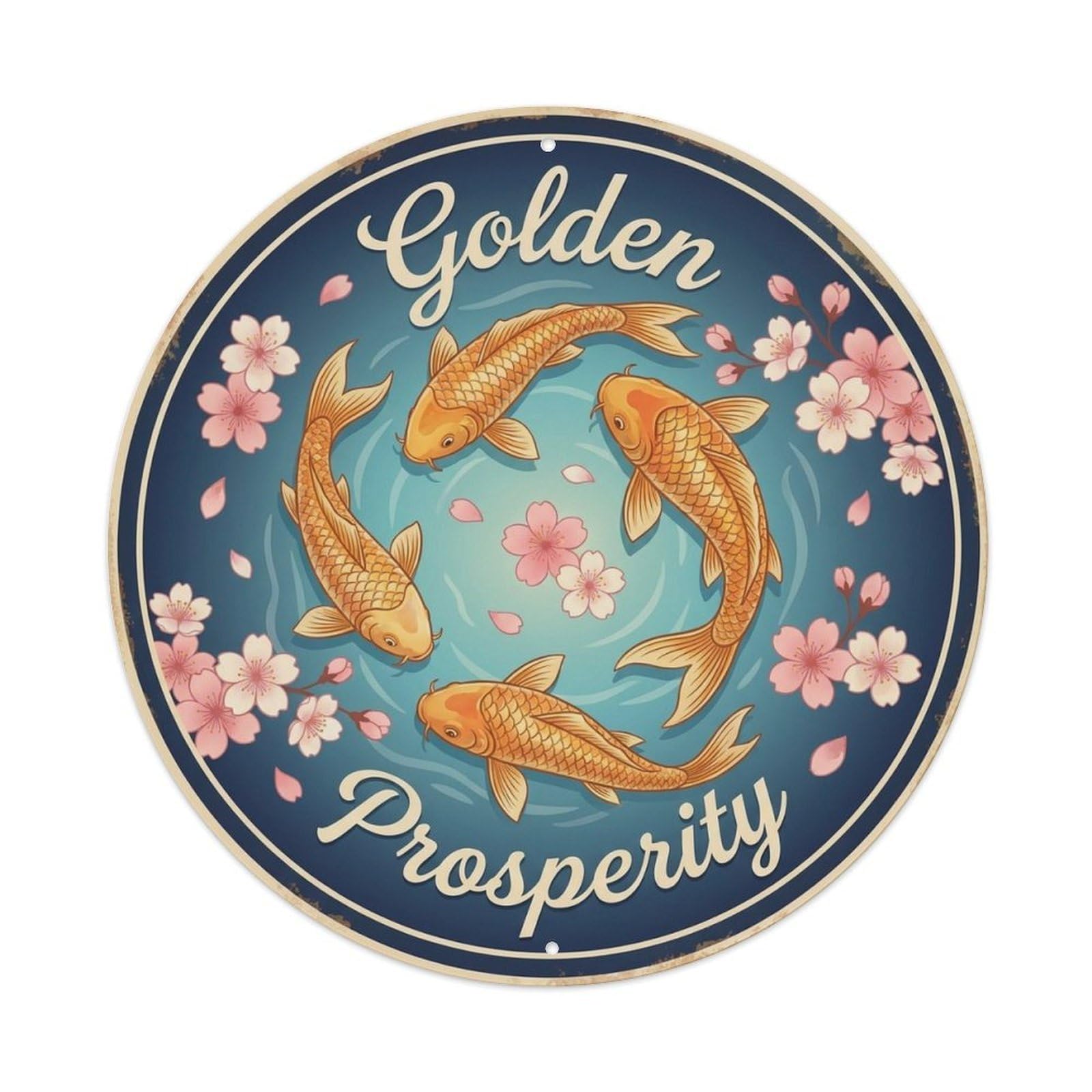 Koi Carp Botanical Cherry Blossom Motif Classic Metal Tin Sign Plaque Wall Decor for Cafe, Man Cave, Club Bar, Office, Home Garden Round Metal Poster 8x8Inch