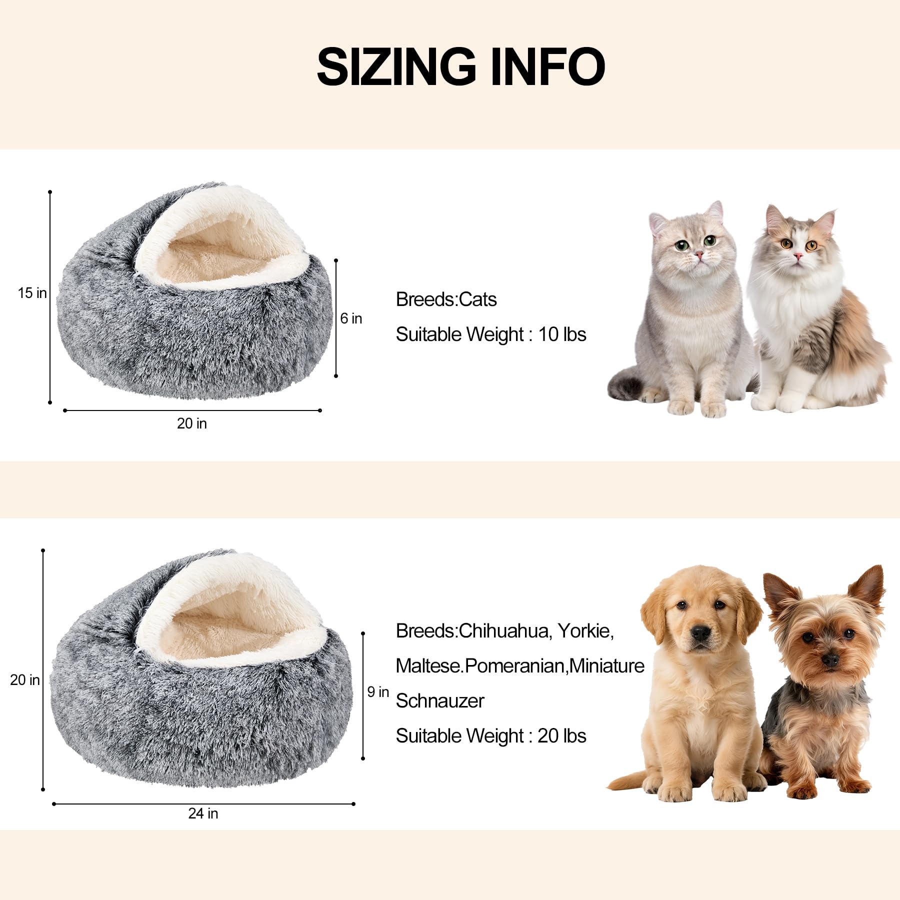 MADDEMCUTE Calming Dog Beds & Cat Cave Bed with Hooded Cover,Removable Washable Round Beds for Small Medium Pets,Anti-Slip Faux Fur Fluffy Coved Bed for Improved Sleep,Fits up to 15/25 lbs(Grey,S)