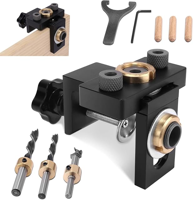 N /D Pocket Hole Jig Kit, Adjustable Doweling Jig Woodworking Doweling Jig Kit, 3 in 1 Drilling Guide Punch Locator with 8/10/15mm Drill Bit for DIY Woodworking Tools