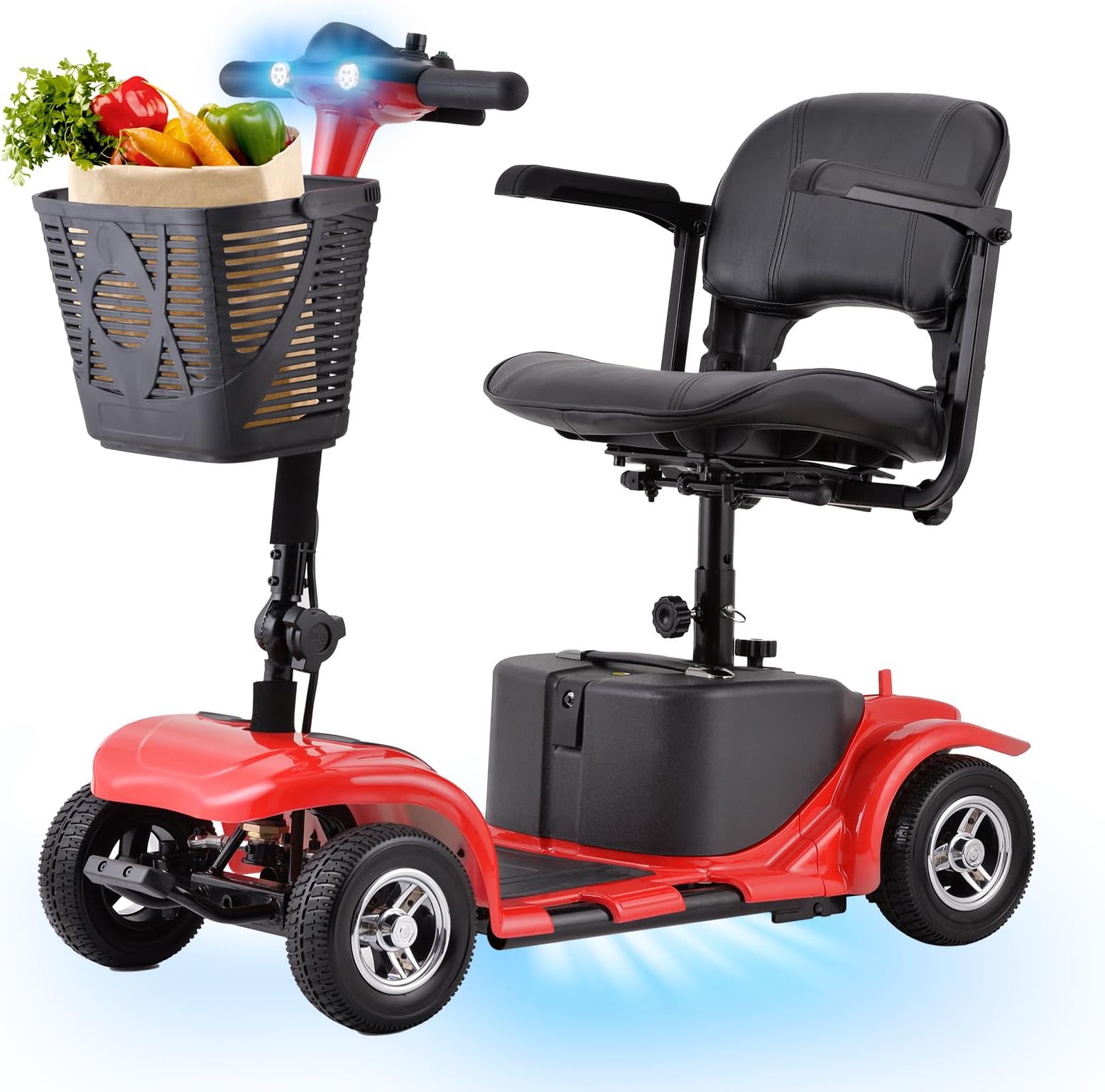 Mobility Scooter for Seniors, Adults, 4 Wheels Removable Electric Powered Chargeable Device, Foldable and Portable, with LED Headlights and Basket, Charger Include (Red/Black)