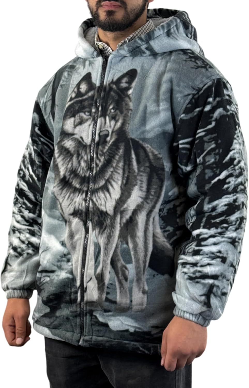 G5 APPAREL Adults Unisex Animal Print Sherpa Fleece Jacket - Wolf Dog Hooded Zip Coat