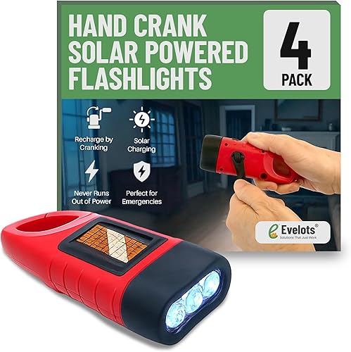 Evelots Linternas de manivela con energía solar (paquete de 4) linterna recargable de emergencia y supervivencia para acampar, automóvil - Fácil luz