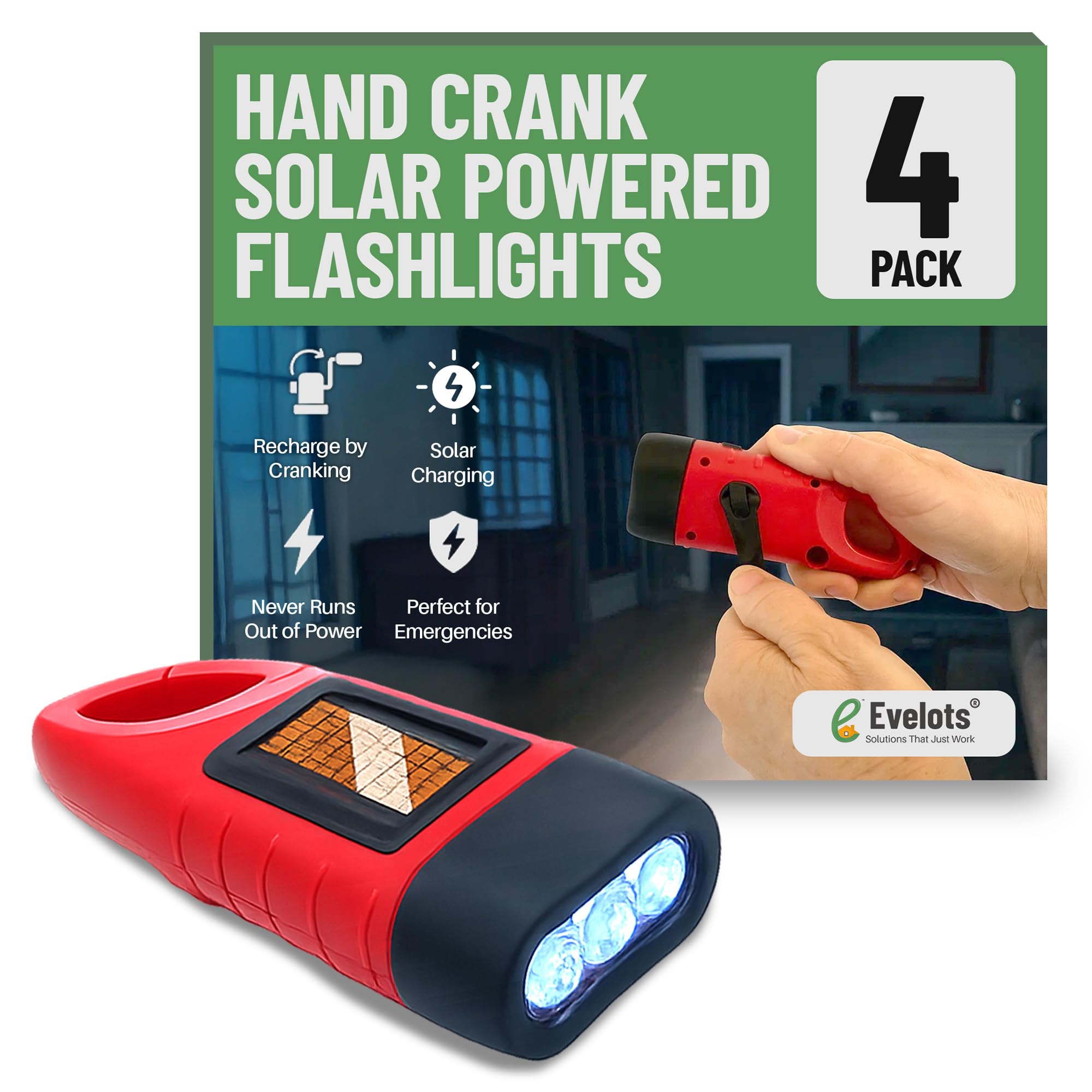 Hand Crank Solar Powered Flashlights ( 4 Pack ) Rechargeable Emergency Survival Flashlight for Camping , Car - Easy 3 LED Bright Light for Hiking , Outdoor Sports , Home Power Outage