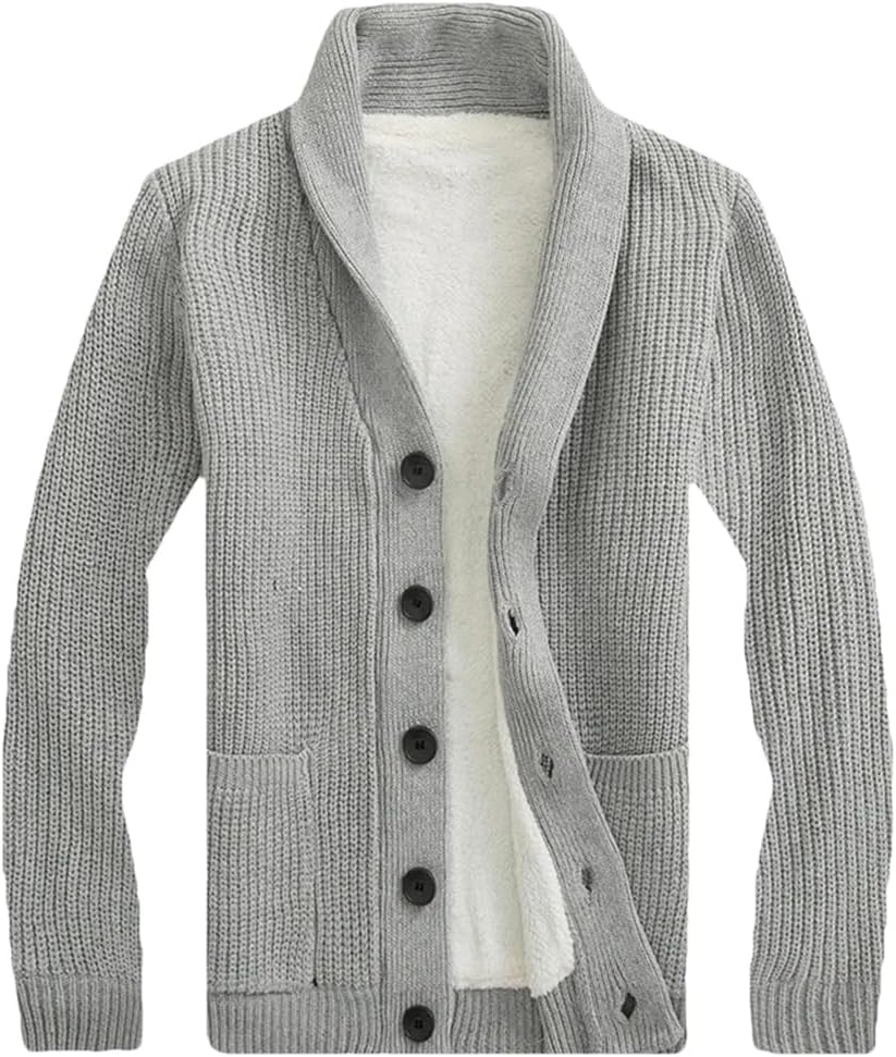 Men's Collar Thick Sweater Jacket Long Sleeved Fleece Warm Single Breasted Casual Knitted Jacket