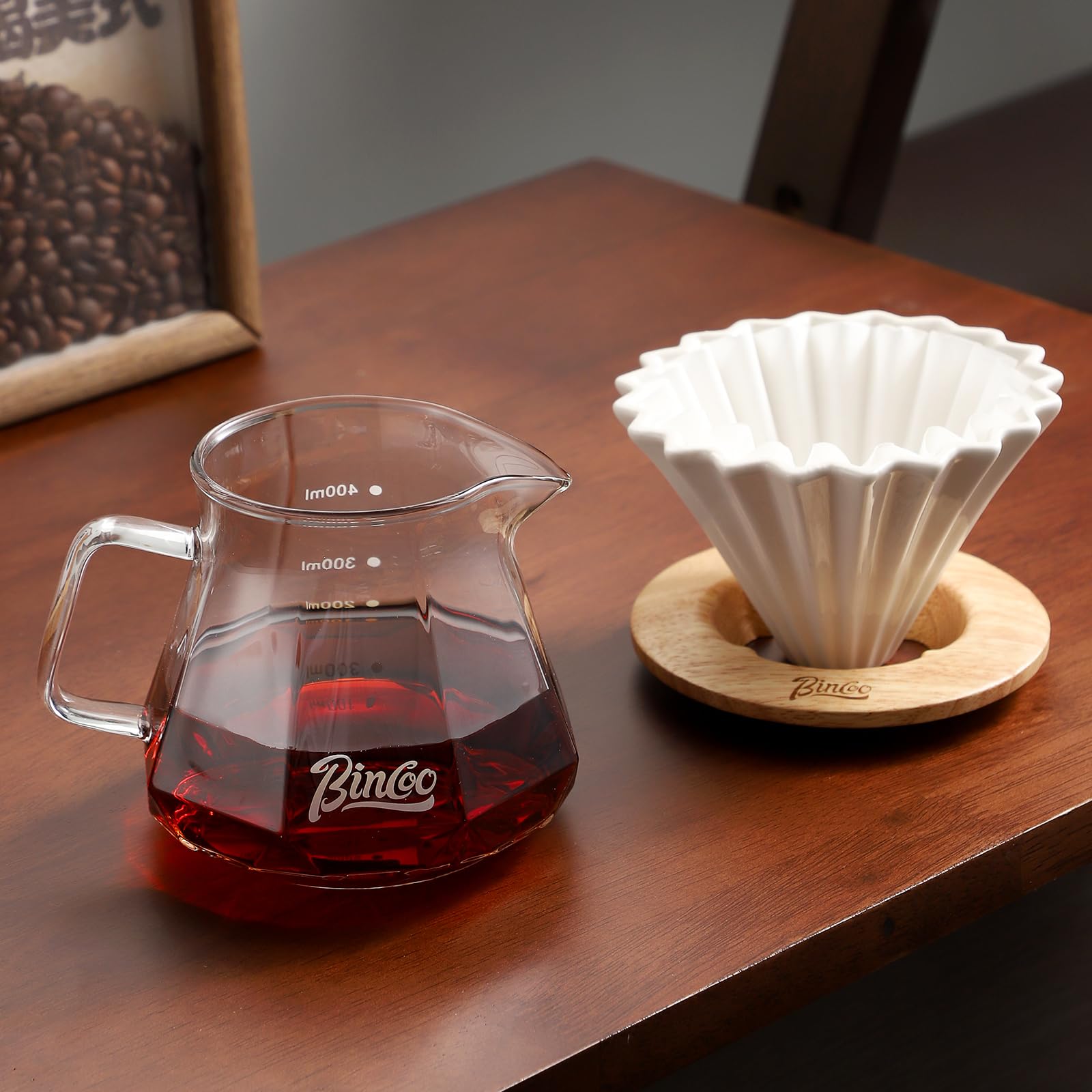 Bincoo 400 ml Kaffeebereiter-Set mit Keramik-Kaffeetropfer und Holzständer, 1–2 Tassen, Übergieß-Kaffee Brühwerkzeug
