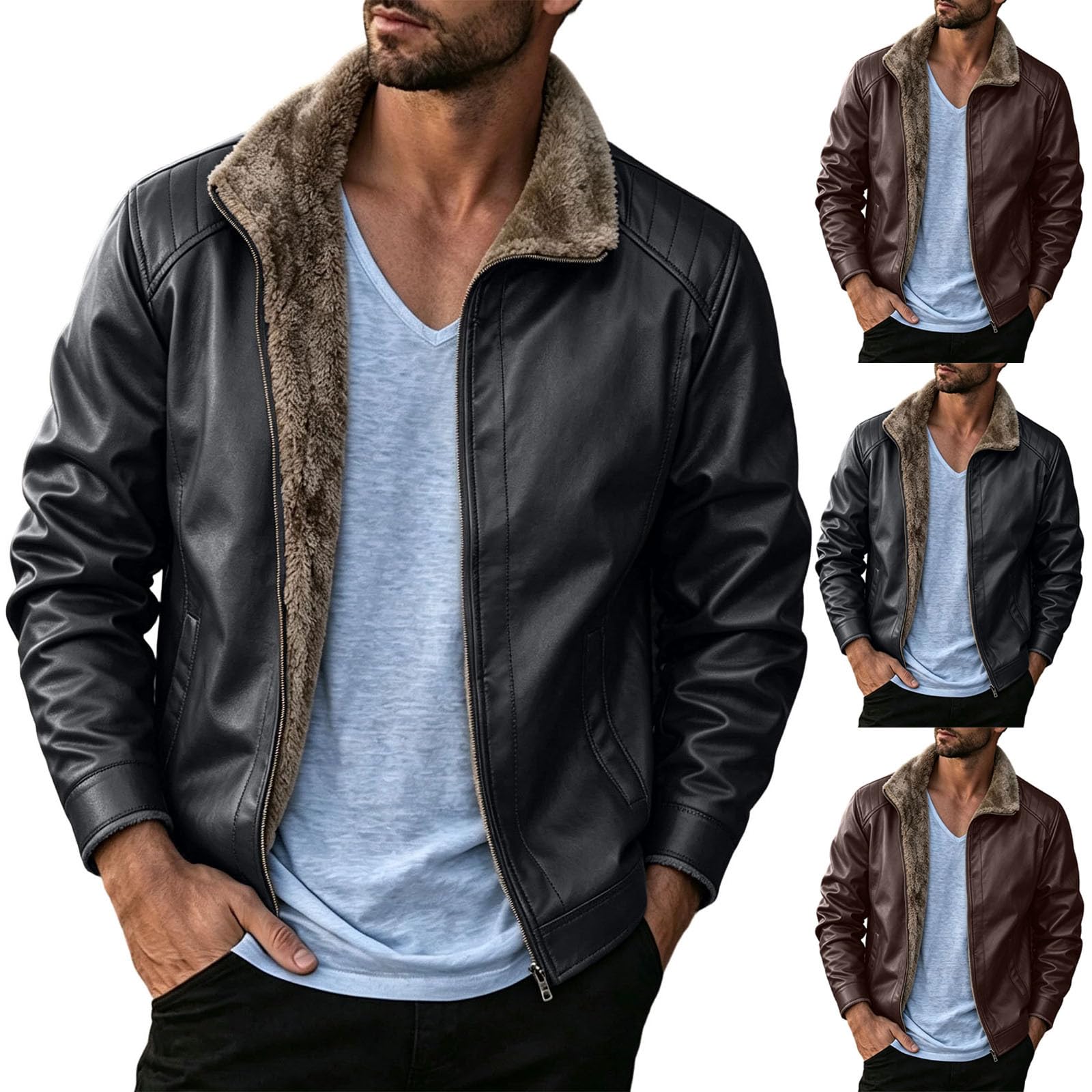 Motorrad Lederjacke Herren Vintage Motorradjacke Fleece Dicke Bikerjacke