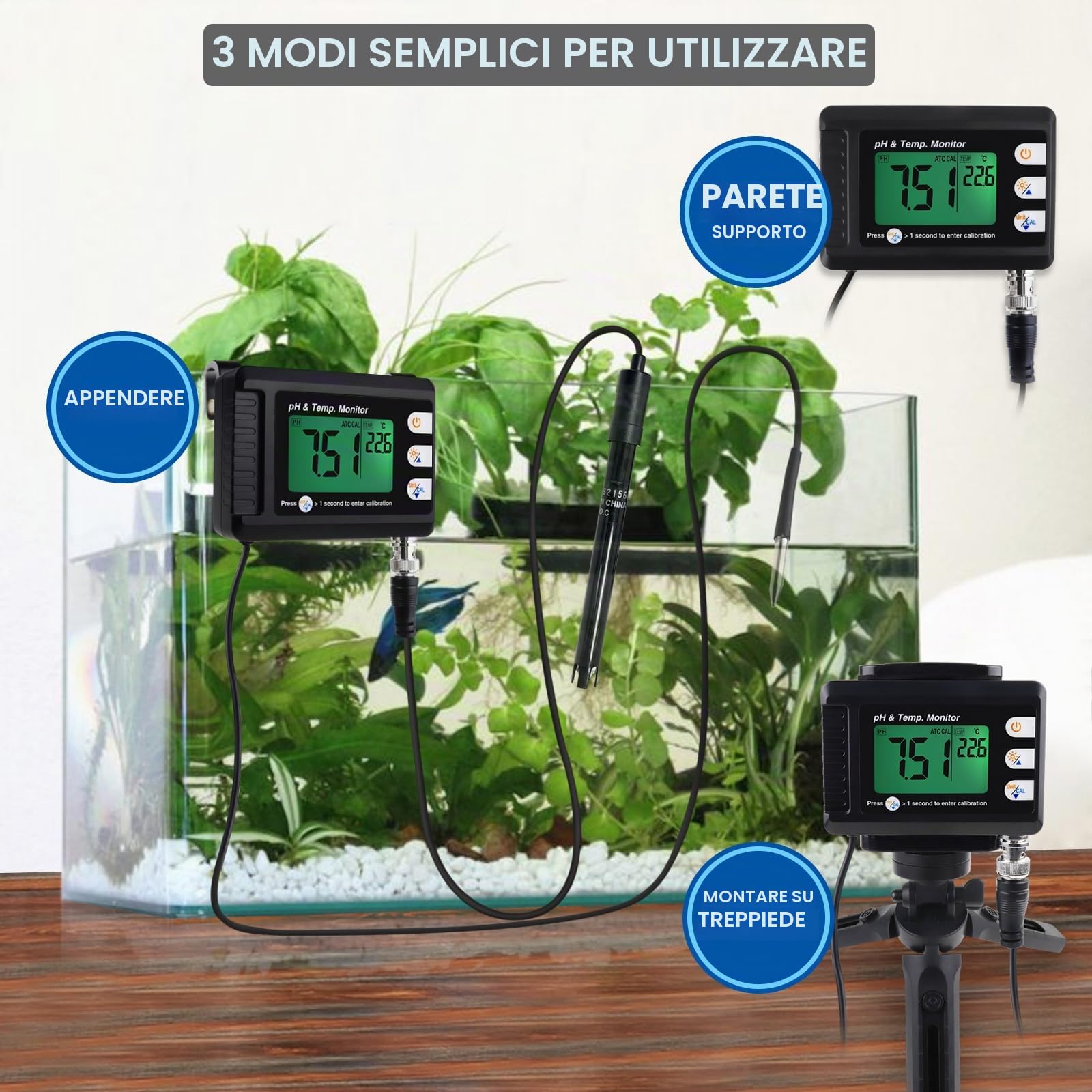 Digital Combo - Misuratore di pH e temperatura, termometro per acquario, con funzione di calibrazione automatica, per acquario, idroponica, acquacoltura, laboratorio
