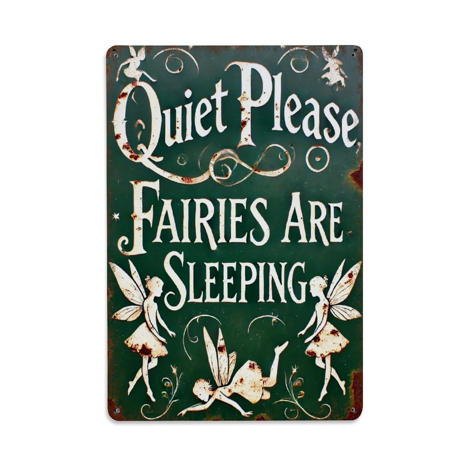 Jdfenggu Vintage Quiet Please Fairies Are Sleeping Retro Metal Tin Sign, Metal Poster For Bar, Home, Man Cave, Kitchen, Laundry Room Art Decor 8X12 Inch