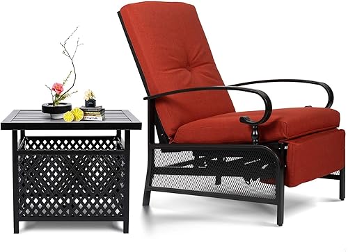 SUNCROWN Silla reclinable para exteriores, silla reclinable ajustable para patio y mesa de bistró lateral con agujero para paraguas, color rojo