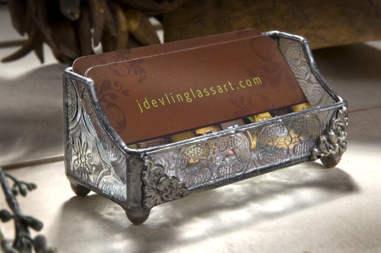 J. Devlin CRD 104 Stained Glass Business Card Holder for Desk – Handcrafted Clear Vintage Textured Glass – Ornate Antique Copper Filigree – Unique Executive Office Decor & Gift for Women