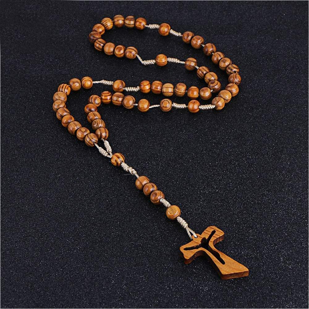 collana in legno con rosario e perline di legno, per uomo e donna