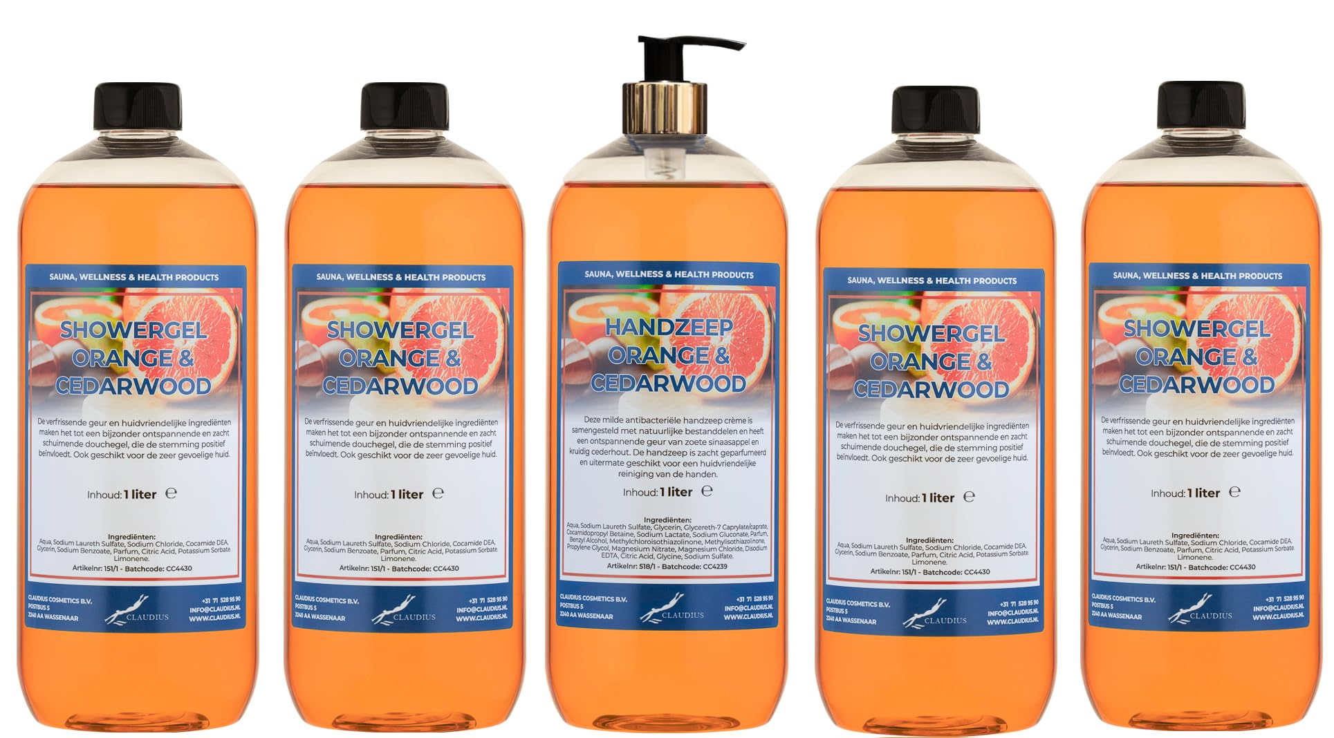 Handseife Orange & Cedarwood 5 x 1 Liter mit Goldpumpe (transparent)