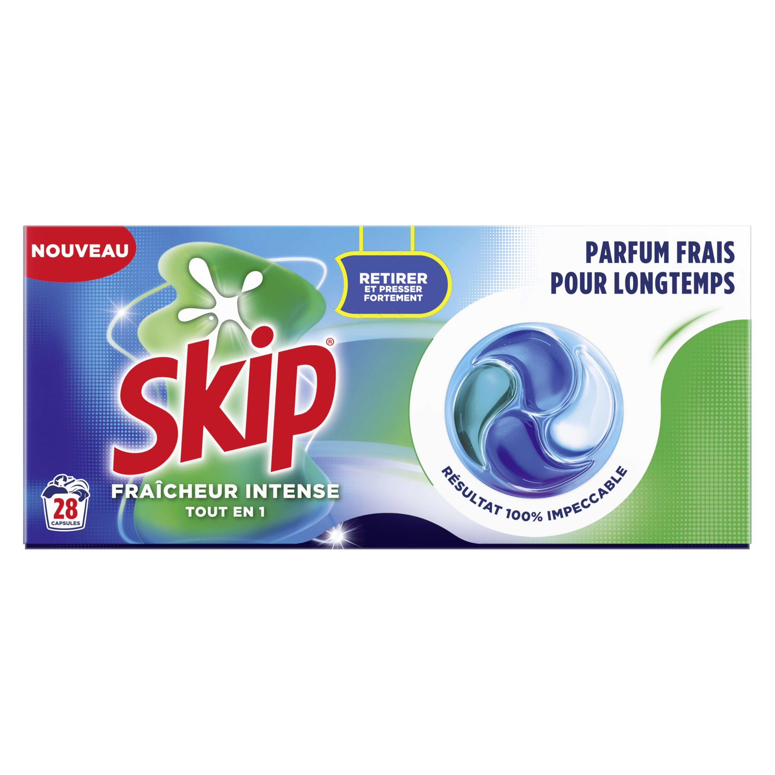 Skip - Capsules Lessive, Tout en 1, Fraîcheur Intense, 4x28 Lavages | Élimine les taches dès le premier lavage, efficace en cycle court et à froid, parfum longue durée, 112 capsules