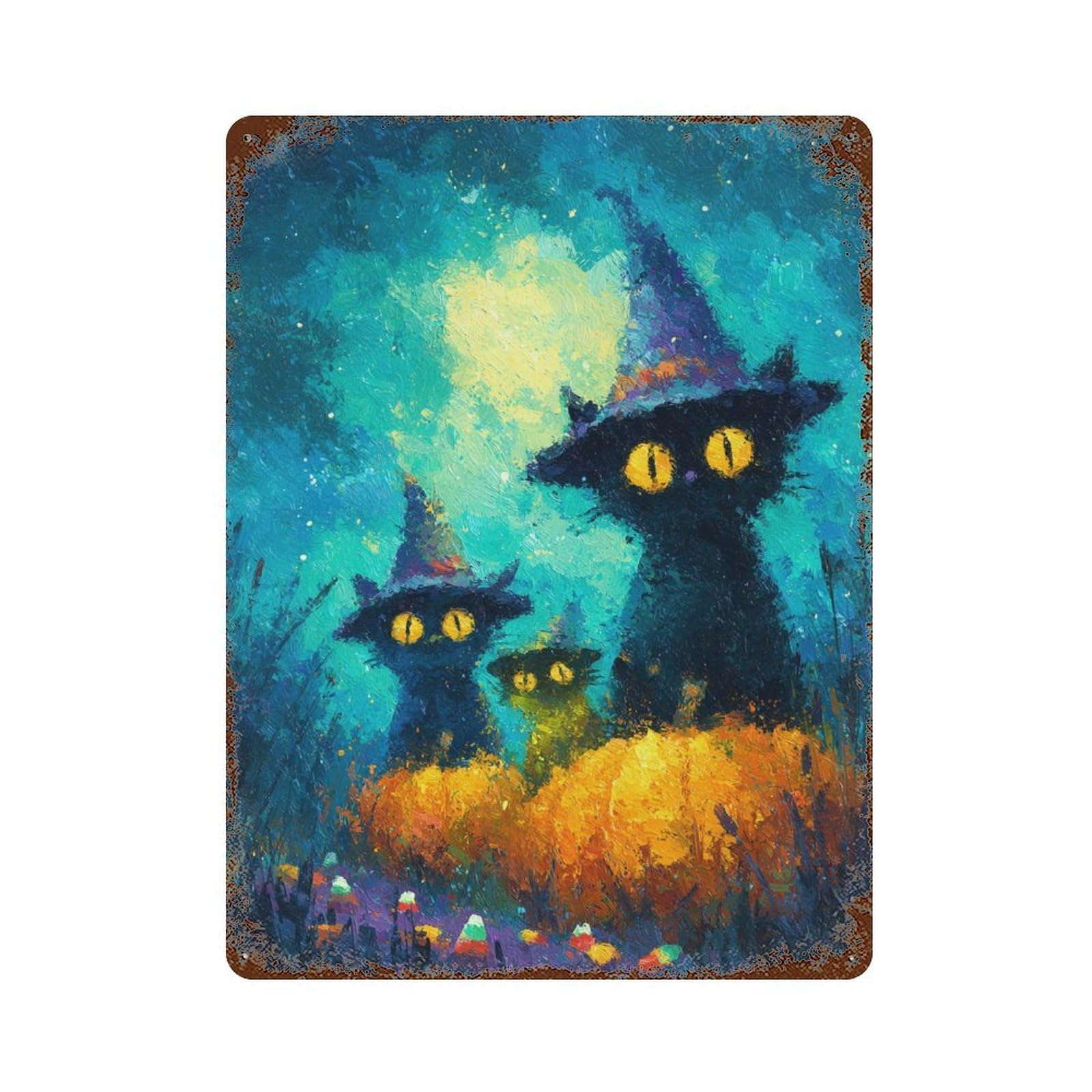 Halloween Witch Cats Painting Rustic Tin Plaque 15.7"x11.8", Industrial Home Decor for Pub, Kitchen And Man Cave Decor