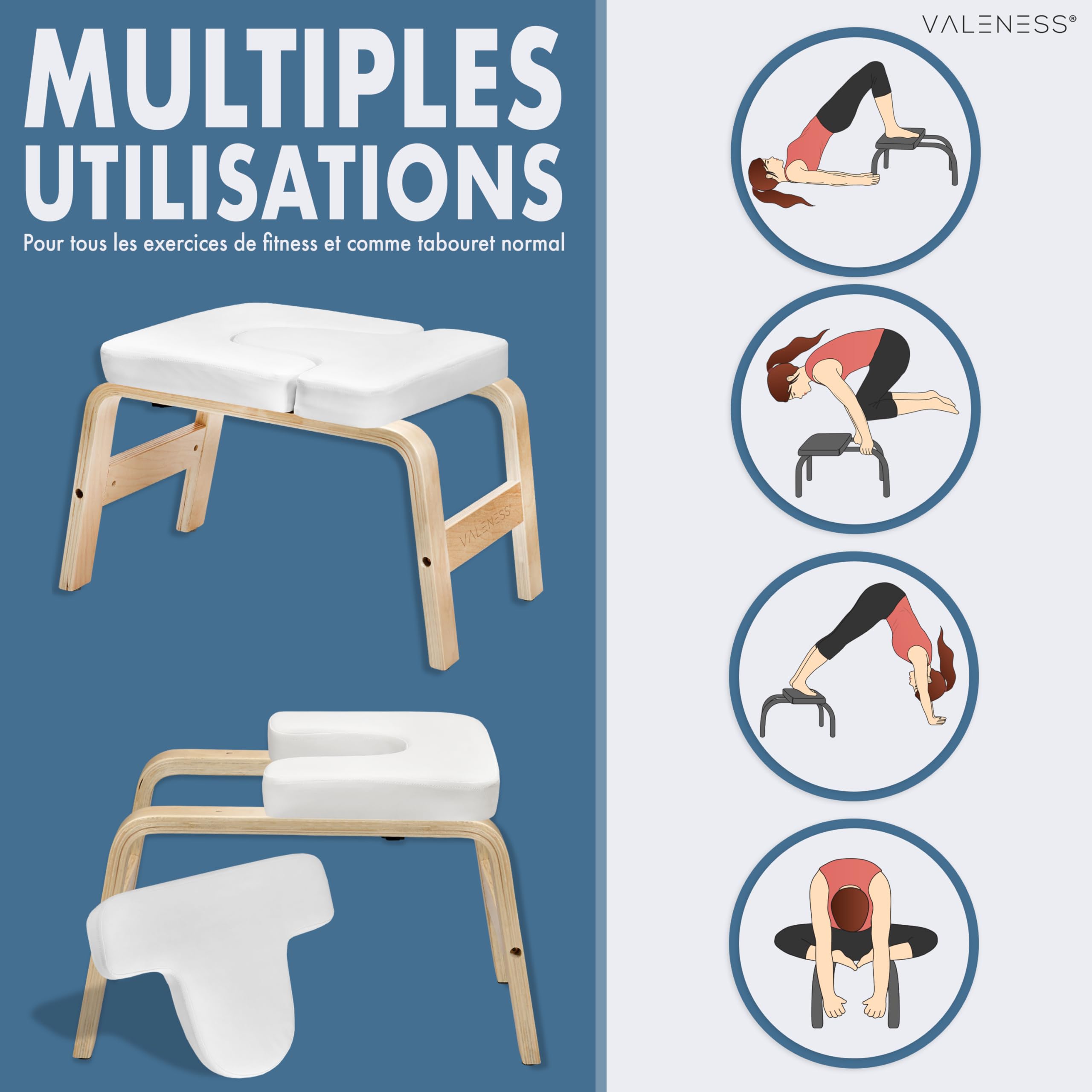 VALENESS® Tabouret de yoga,Tabouret de yoga de qualité supérieure avec sangle de yoga,Chaise de yoga pour exercice de main en bois naturel massif,Équipement de yoga pour la maison