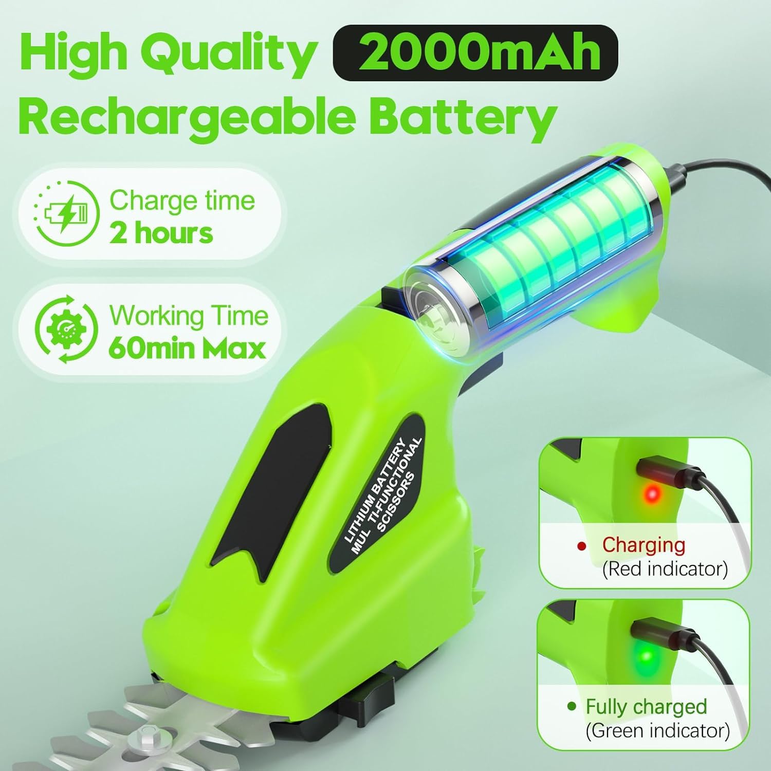 Cisailles à arbustes électriques 7,2 V, 2 en 1 Cisailles à Gazon, Coupe-haie sans Fil, avec Batterie Lithium-ION Rechargeable 2000 mAh, pour arbustes, Jardin, Herbe, pelouse et Taille