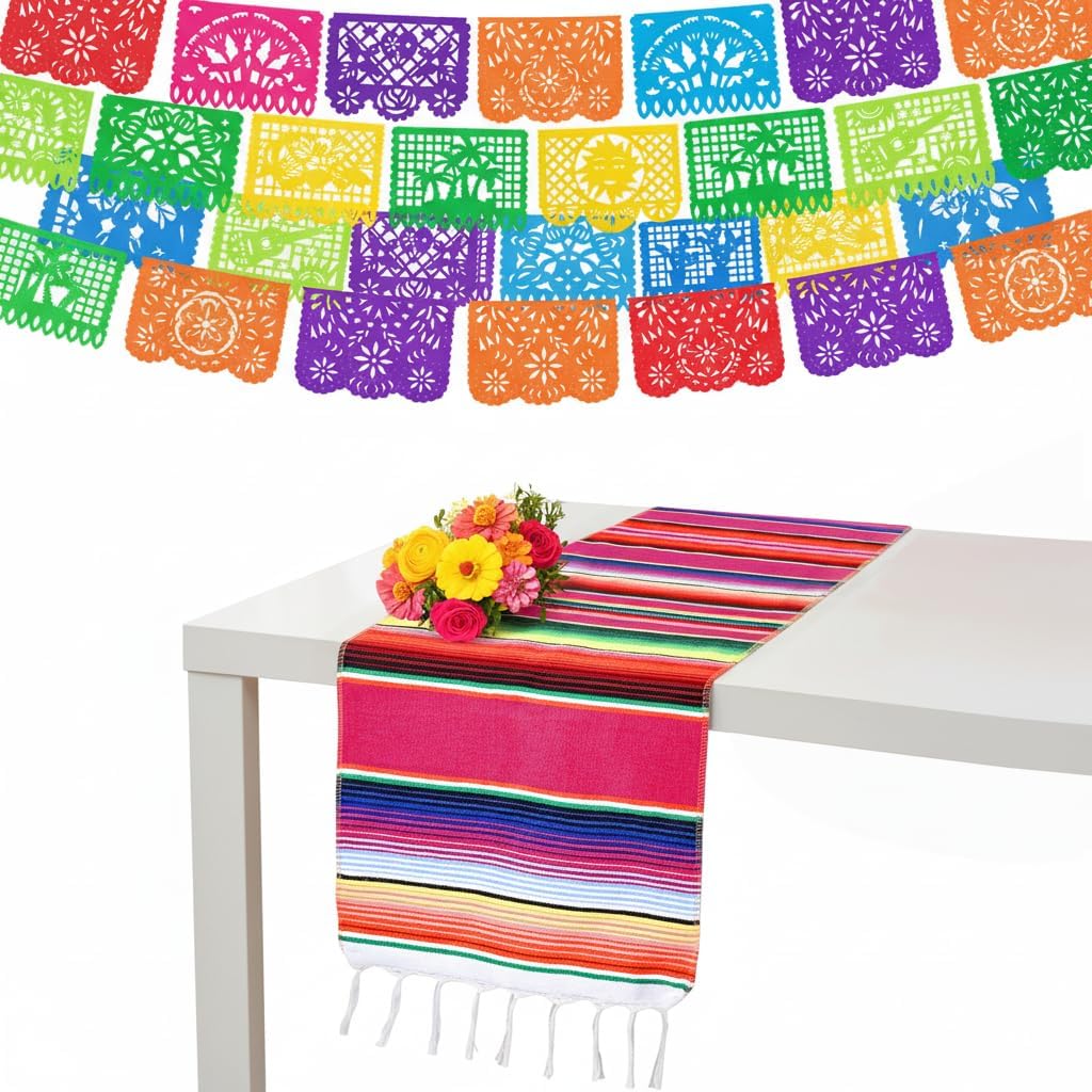 DomeStar 3 Packs Mexican Party Decoration, 54 Feet Plastic Papel Picado Fiesta Banner, 4PCS Mexican Table Runners, 14 x 84 Inches Fiesta Serape Runners for Birthday Party Cinco De Mayo Decoration