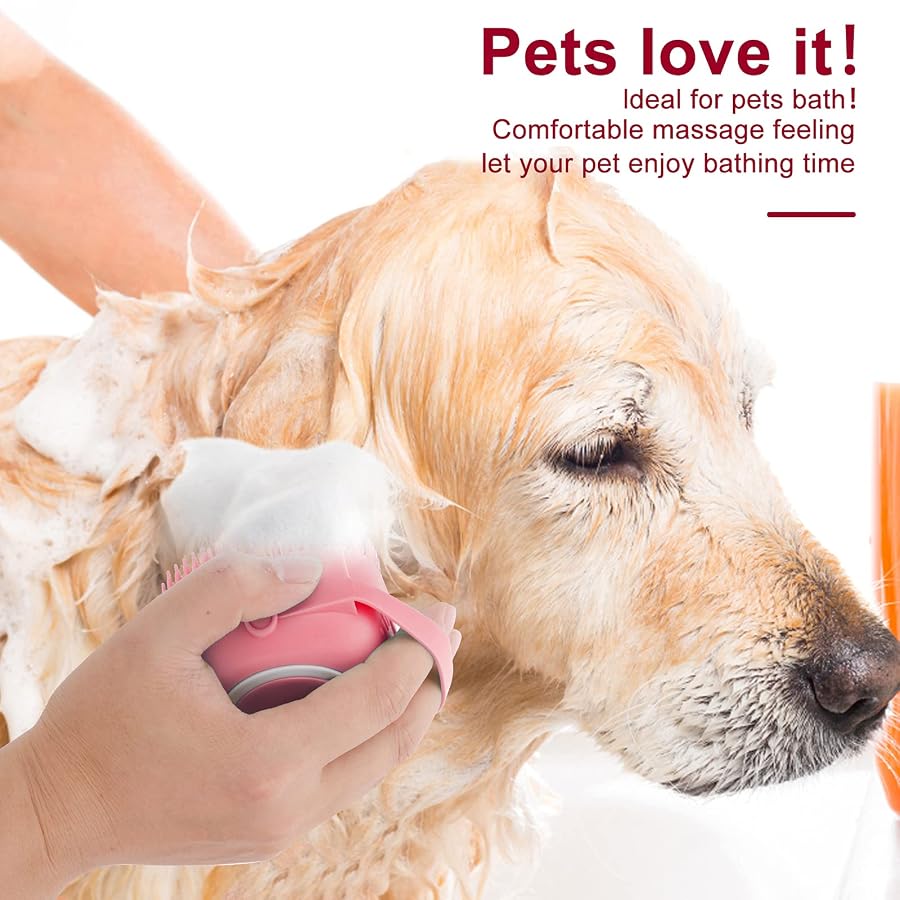 Molain Dog Cat Bath Brush Comb Silicone Rubber Dog Grooming Brush Silicone Puppy Massage Brush Hair Fur Grooming Cleaning Brush Soft Shampoo Dispenser (pink)