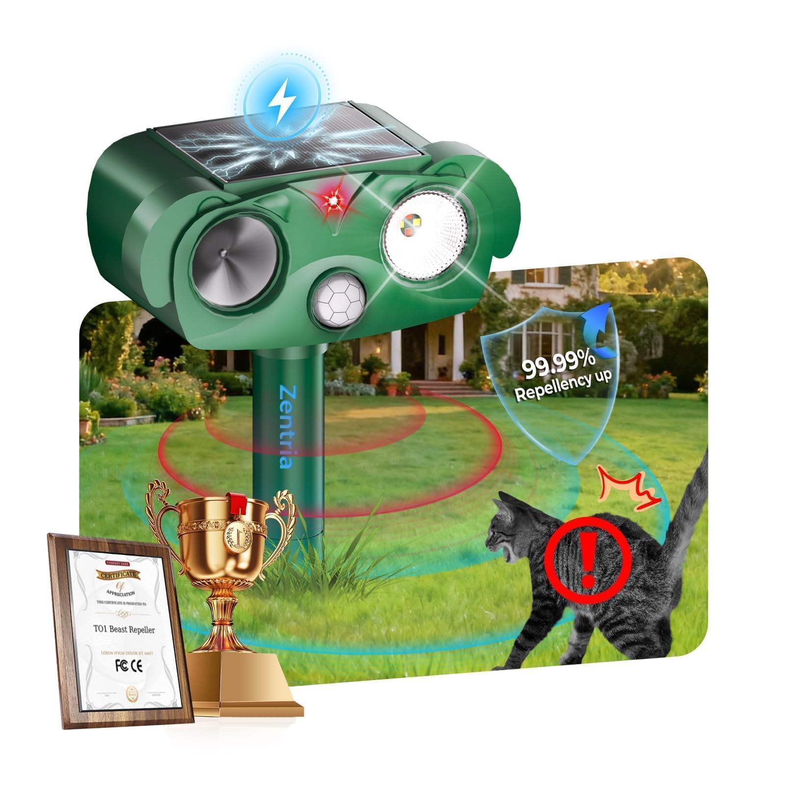 2 Pack Upgraded Cat Deterrent for Gardens UK【Dual Ultrasonic Emitters & Infrared Sensor-SFE Certified】【Efficient Monocrystalline Solar Panel Powered】Fox Deterrent for Gardens UK, Lawns&Outdoor(Green)