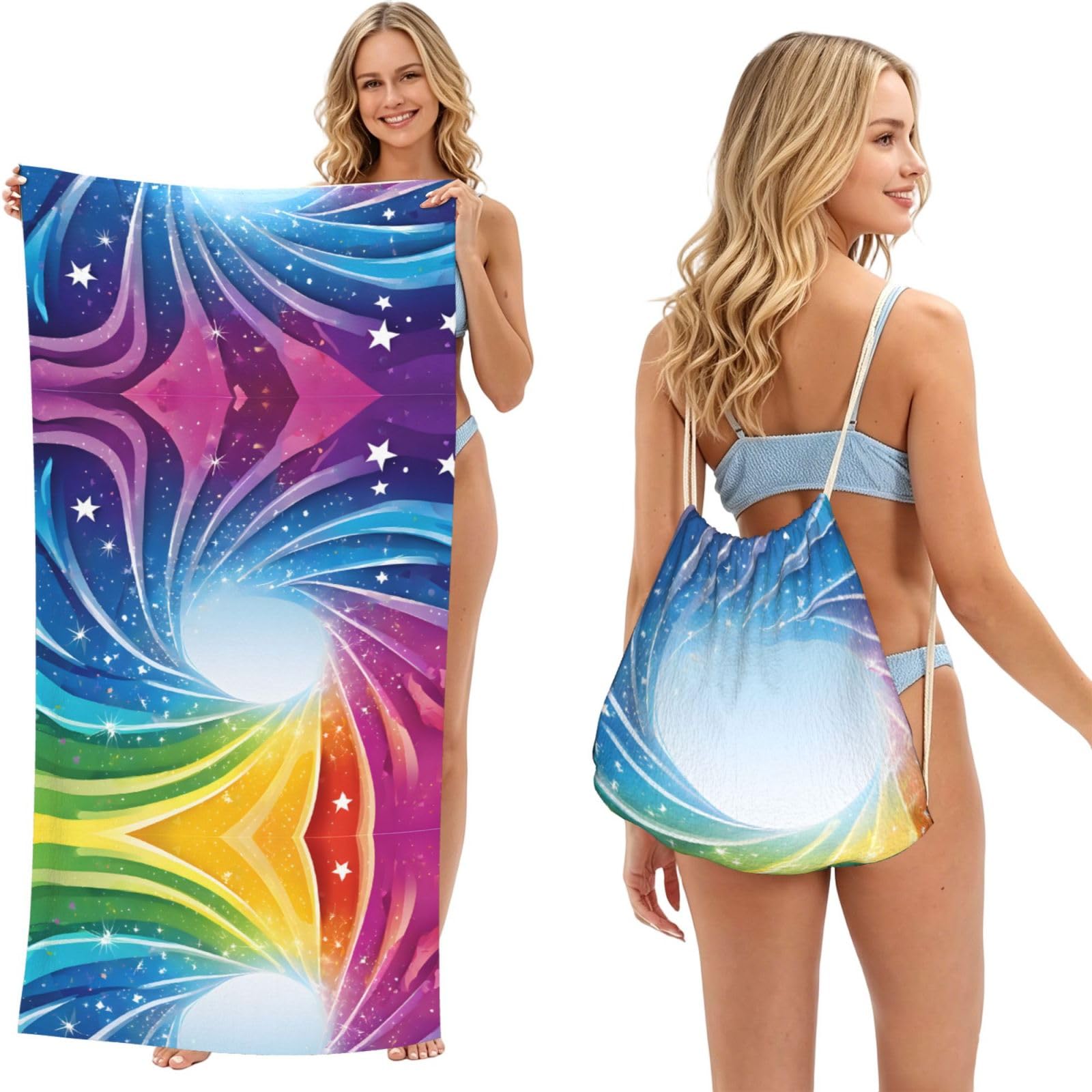 EZDLOWVBA Rainbow Background Print Beach Towel Backpack 2 In 1 Summer Large Lightweight Beach Towel - Multifunctional Ship Pattern Towel Bag For Storage,Sport