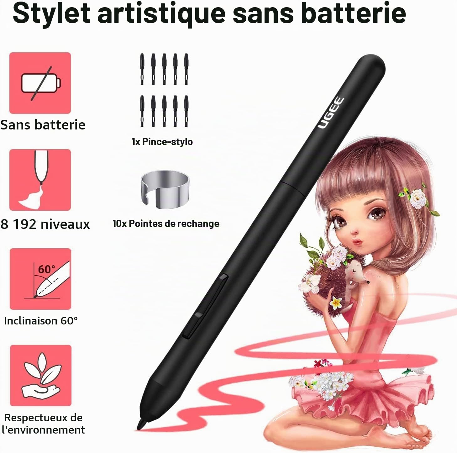 UGEE Tablette Graphique S640 Tablette de Dessin numérique Ultra-Mince Portable avec Fonction d'inclinaison du Stylet sans Batterie de 8192 Niveaux 10 Touches Express pour débutant